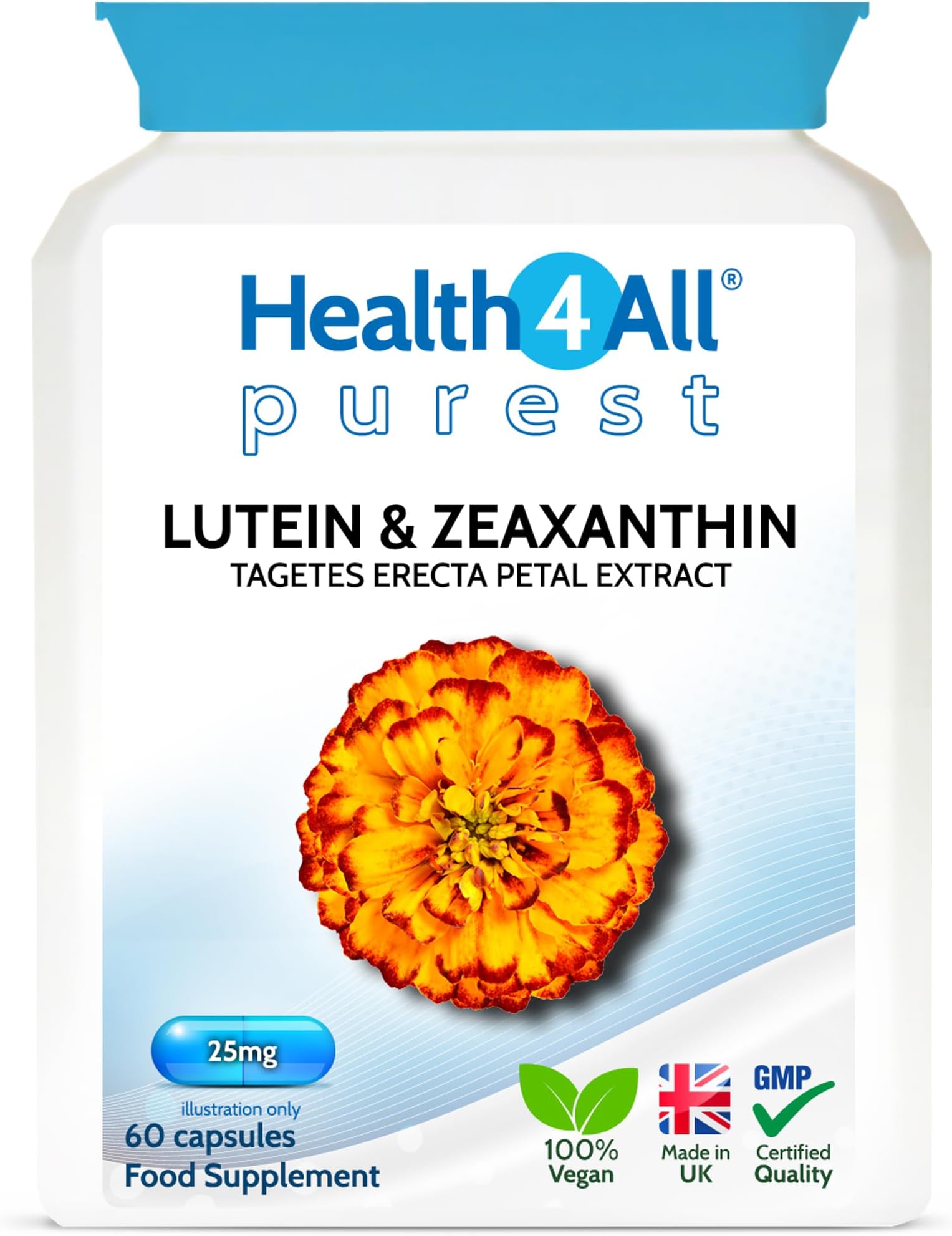 Health4All Lutein and Zeaxanthin Supplement 25mg per Capsule, 60 Capsules 2 Months Supply, Purest Eye Health Marigold Extract Supplement, Natural Eye Vitamins for Vision Care | Made in UK