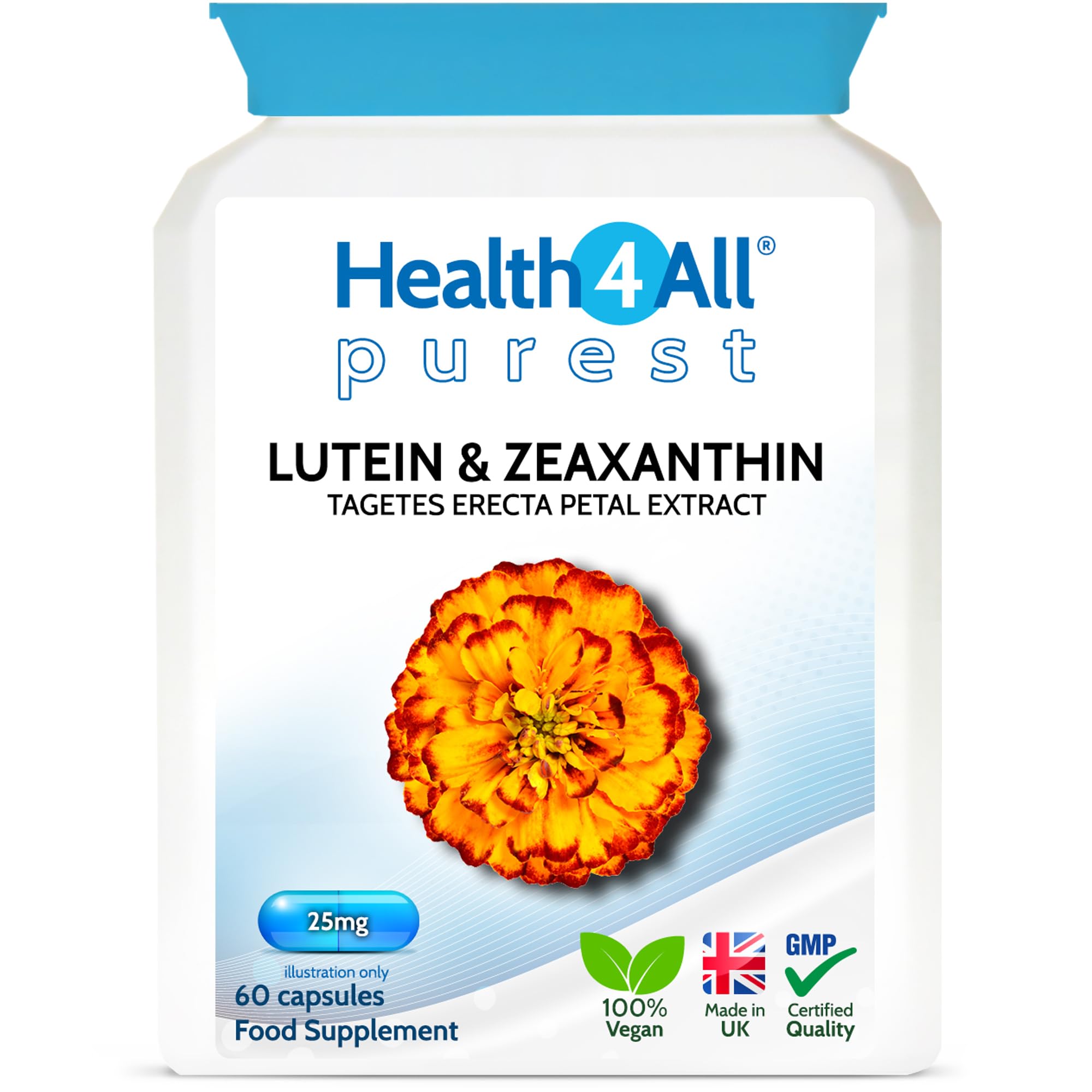 Health4All Lutein 25mg with Zeaxanthin Capsules (not Tablets) for Eye Health and Blue Light Protection. Vegan. Made in The UK , 60 Capsules (V)