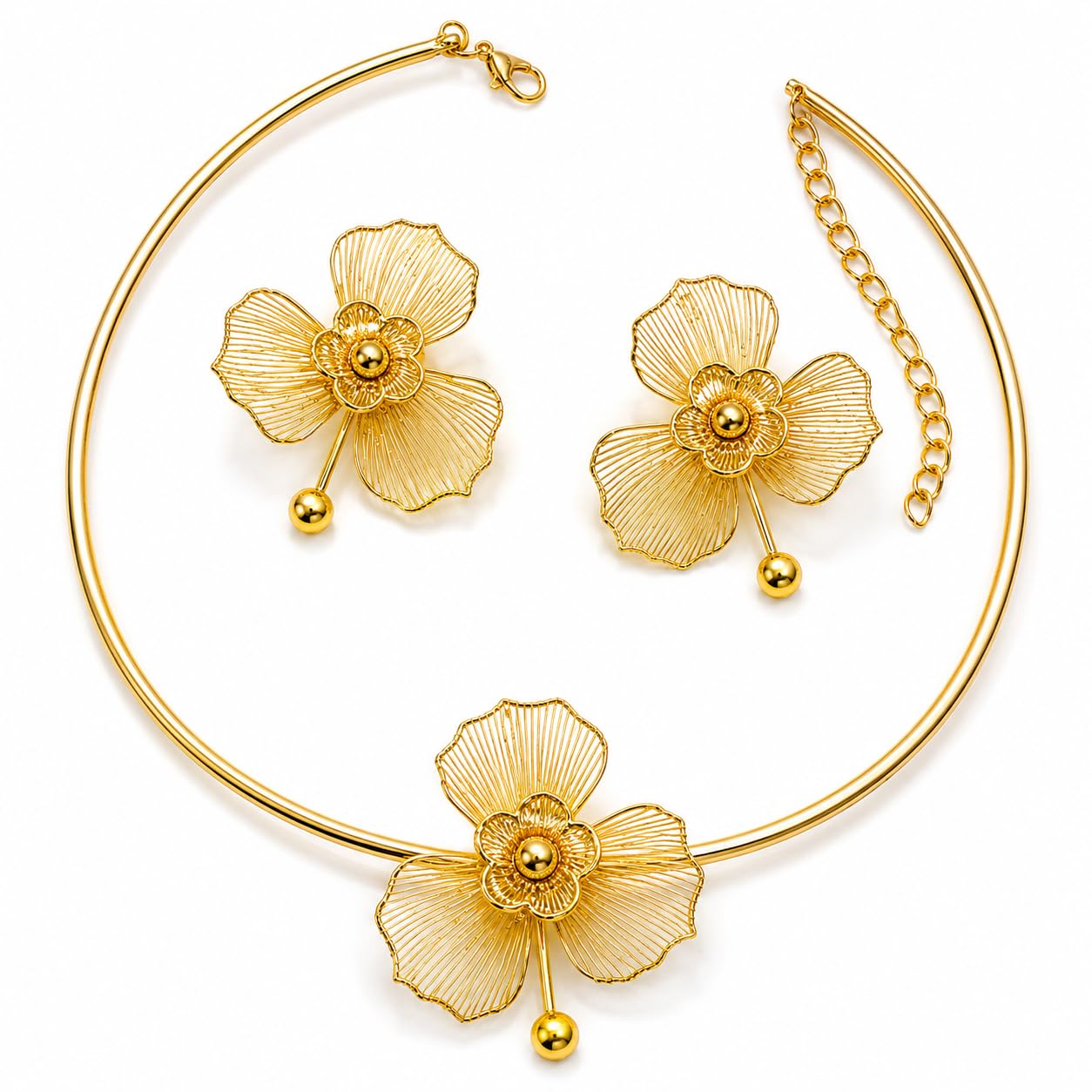 Gold Plated Floral Necklace Set for Women | Elegant Flower Choker Necklace with Matching Earrings | Anti Tarnish Lightweight Jewelry Set | Gift for Women & Girls-image-48