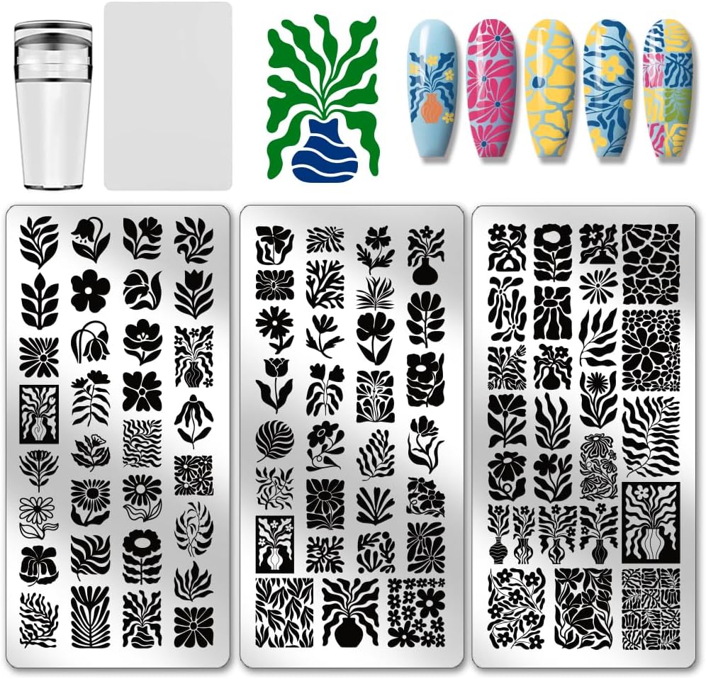 PH PandaHall 3pcs Flower Nail Stamping Plates Leaves Patterns Nail Image Plates Plants Leaf Nails Art Templates Wavy Floral Print Manicure Stencils for Women Manicures Salon DIY Printing Design
