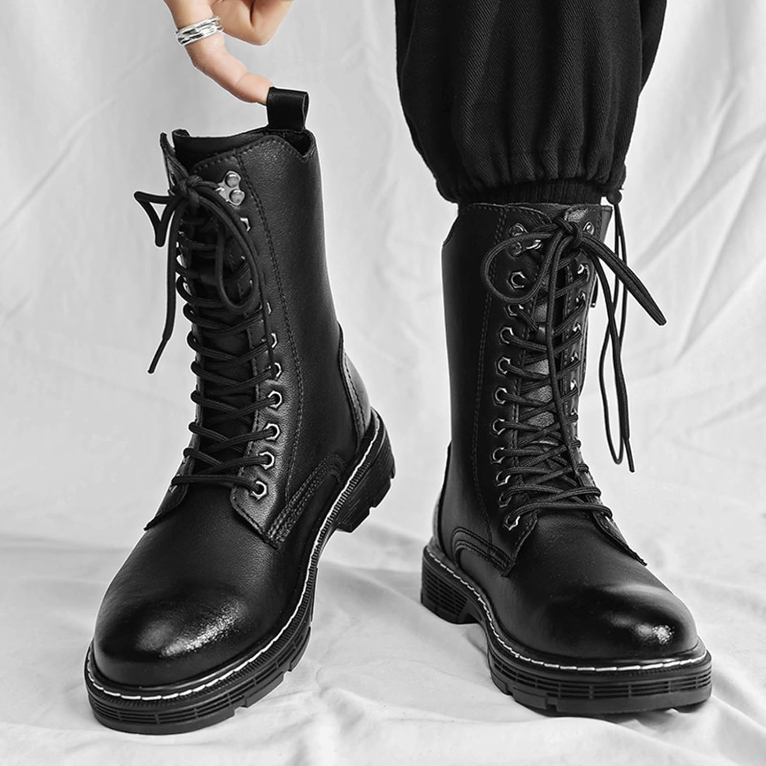 Men's Leather Vintage Lace-Up Motorcycle Boots Waterproof And Non-Slip Side Zipper Work Boots Suitable For Riding, Working, Outdoor Sports