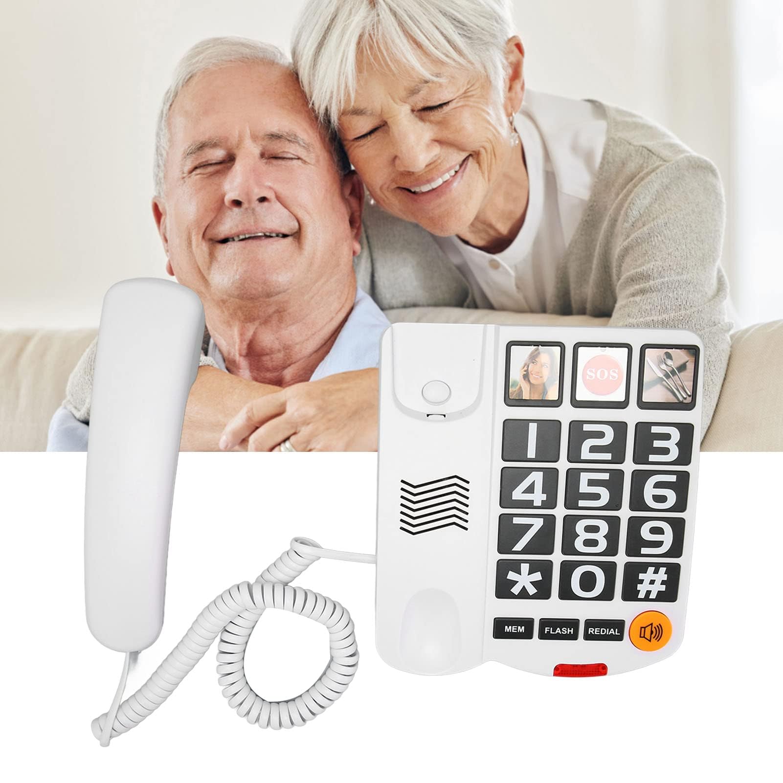 Téléphone Fixe à Gros Boutons pour Personnes âgées, Téléphone Fixe Filaire, Téléphone Photo Senior Photo Téléphone Fixe à Gros Boutons pour Malvoyants, Numérotation à Une Touche, (Blanc)