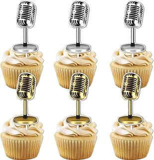 18pcs Gold Silver Glitter Microphone Dessert Cupcake Topper for Music KTV Let's Party Theme Decor Supplies Happy Birthday Anniversary Wedding Party Decoration