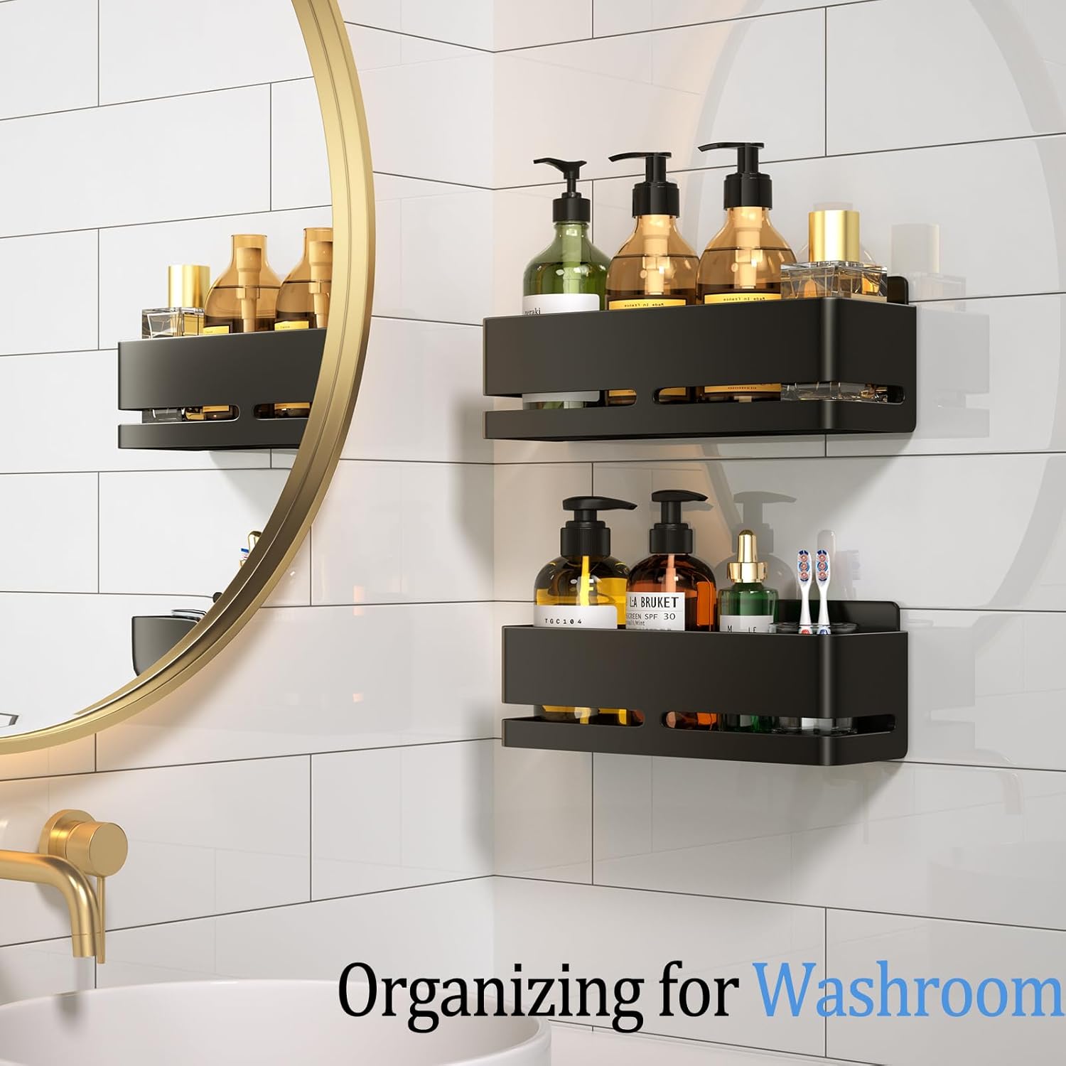 Shower Caddy, 2-Pack Shower Shelf, Heavy-Duty Bathroom Storage Shelf, Large Capacity No-Drill Bathroom Organizer, Black Metal Storage Basket, Adhesive Installation