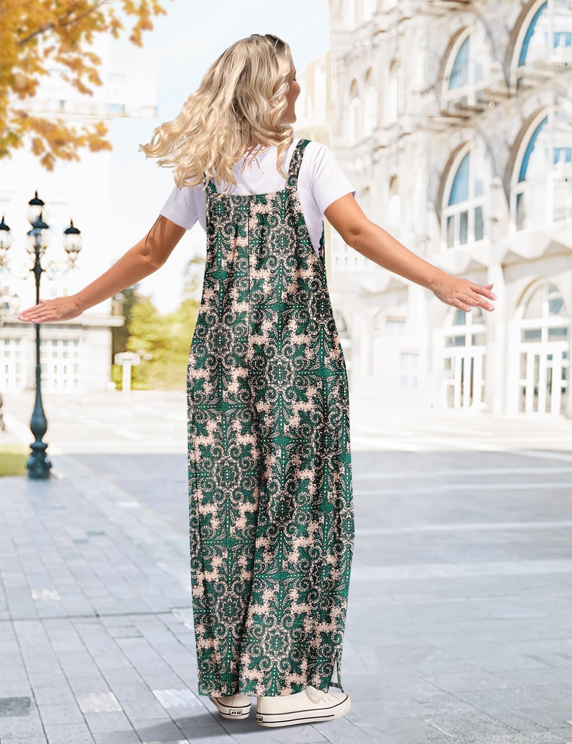 YESNO Jumpsuits for Women Casual Spring Boho Floral Overalls Side Slit Wide Leg Pants Outfit with Pockets PL2 - Image 5