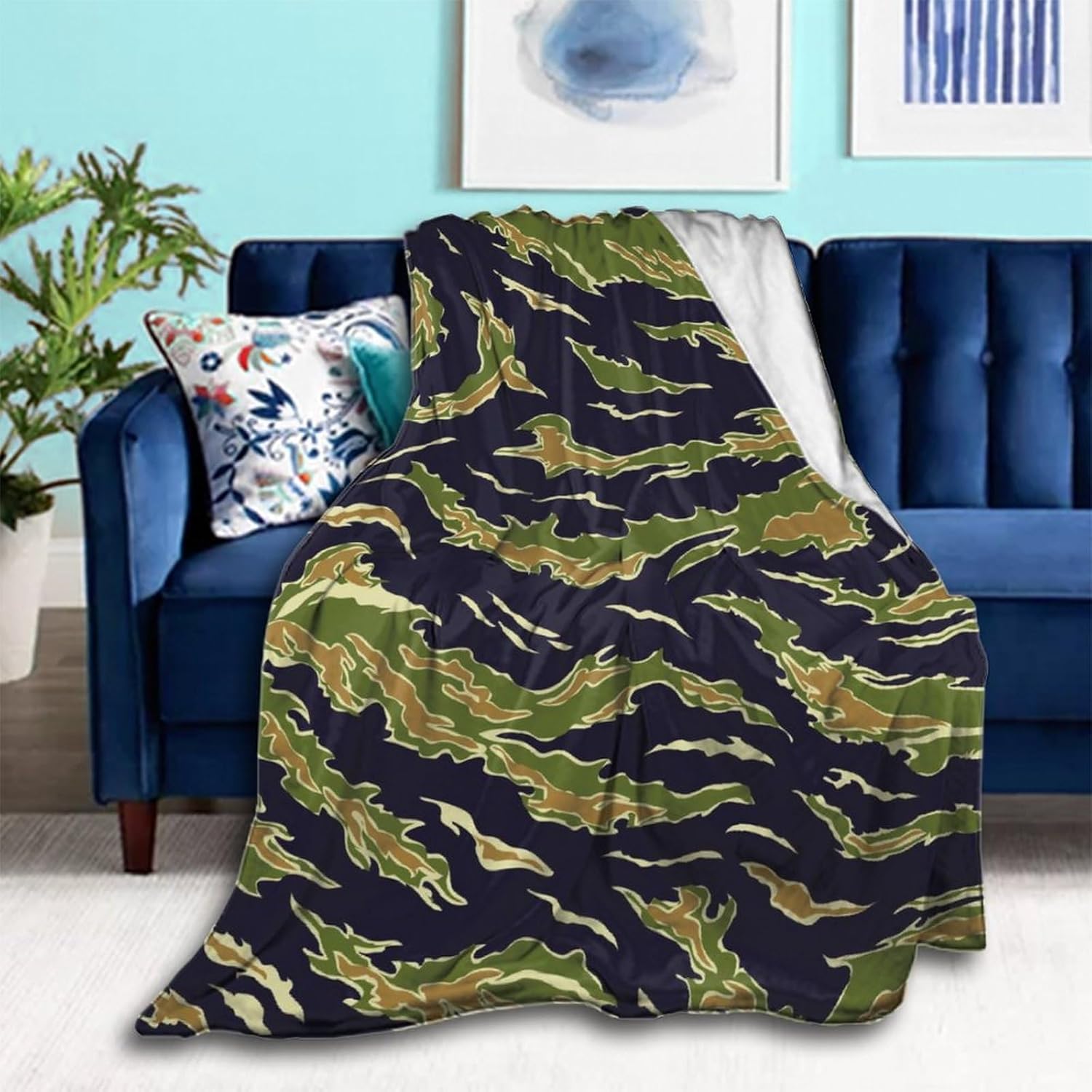 Adults Kids Soft Travel Blanket Throw Blankets Airplane Army Green Camouflage Vietnam Tiger Stripe Blanket Warm Quilt for Rest Sofa Chair Office Home