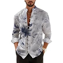 Mens Long Sleeve Mandarin Collar Button Down Shirt Floral Paisley Print Lightweight Breathable Top
