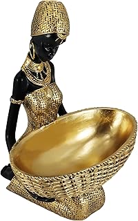 African Tribal Resin Statue - Handcrafted Gold Accent Figure with Bowl, Ethnic Home Decor Art Piece for Shelf & Table Display, Bohemian Gift Idea