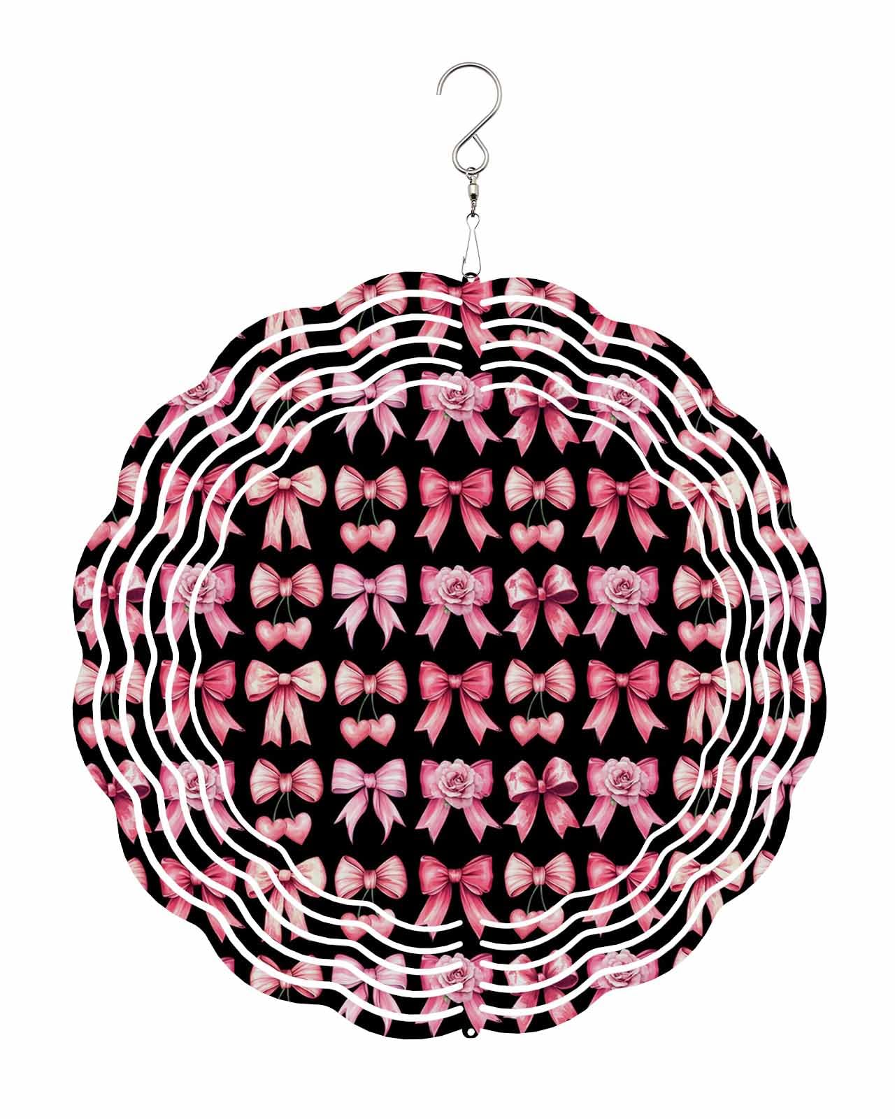 Cute Wind Spinners, Sweet Pink Rose Bow Black Hanging Wind Spinners for Yard and Garden 3D Stainless Steel Metal Sculptures Crafts Ornaments 12 Inch