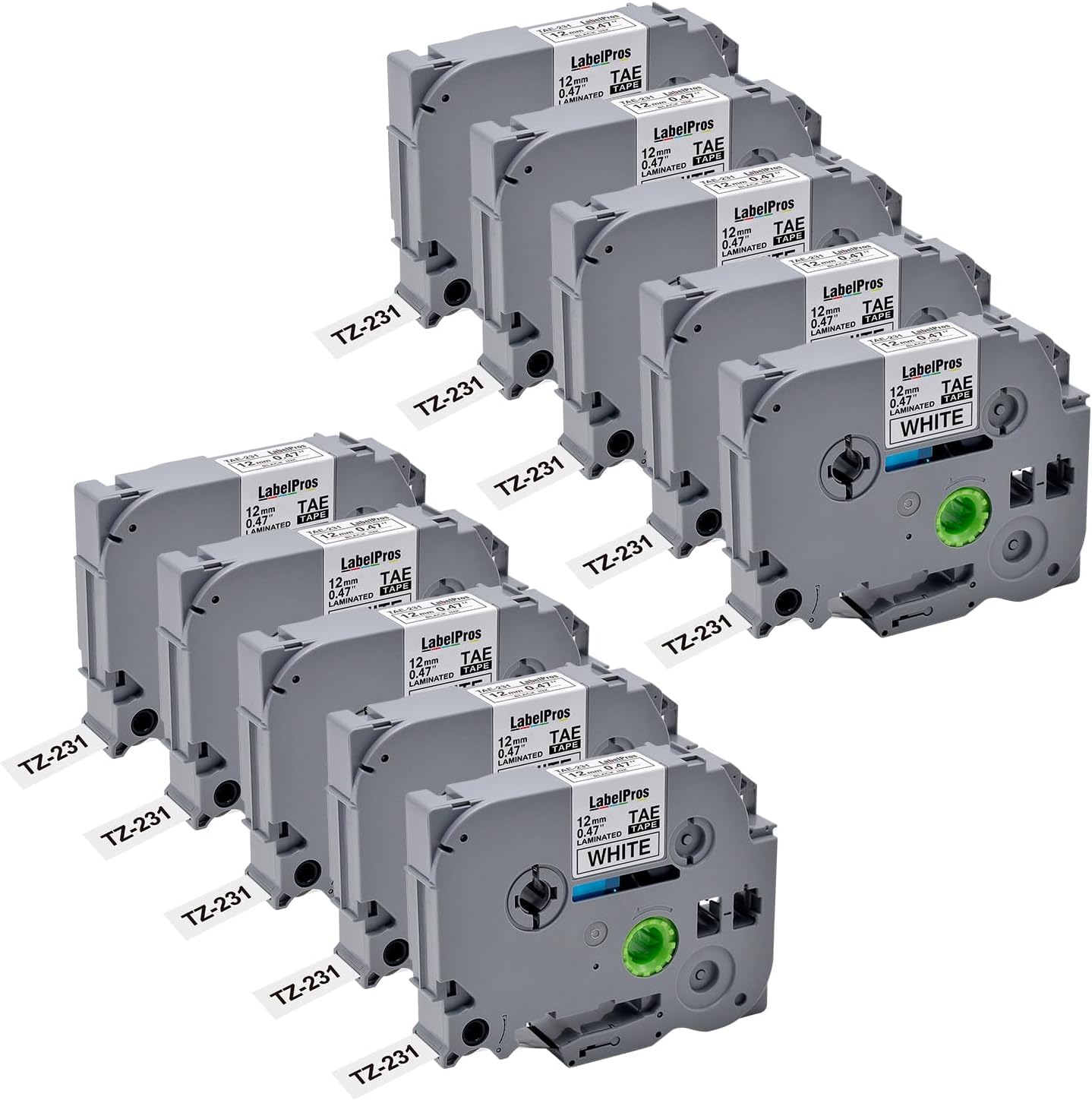 LabelPros TZe-231 0.47 Inch 12mm Label Tape Compatible for Brother P Touch Tze-231 Tape TZe 231 Black on White TZe231 for P Touch PT-H110 PT-D210 PT-D220 PTD600 PT-D400 Label Maker (10 Pack) (10W)