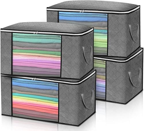 Bolsas de almacenamiento grandes de 90 litros, paquete de 4 organizadores plegables de armario y almacenamiento con asas duraderas, tela gruesa para