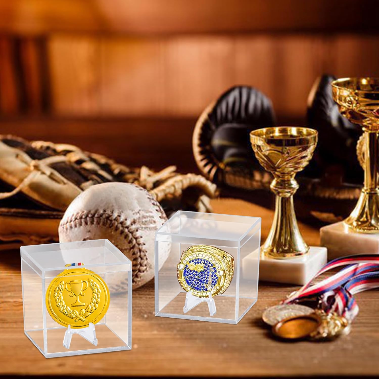 Championship Ring Display Case, Clear Acrylic Display Case Ring Box with Holder Mini Baseball Softball Football Ring Holder Display Box Single Stand for Sports Fans, Pack of 2