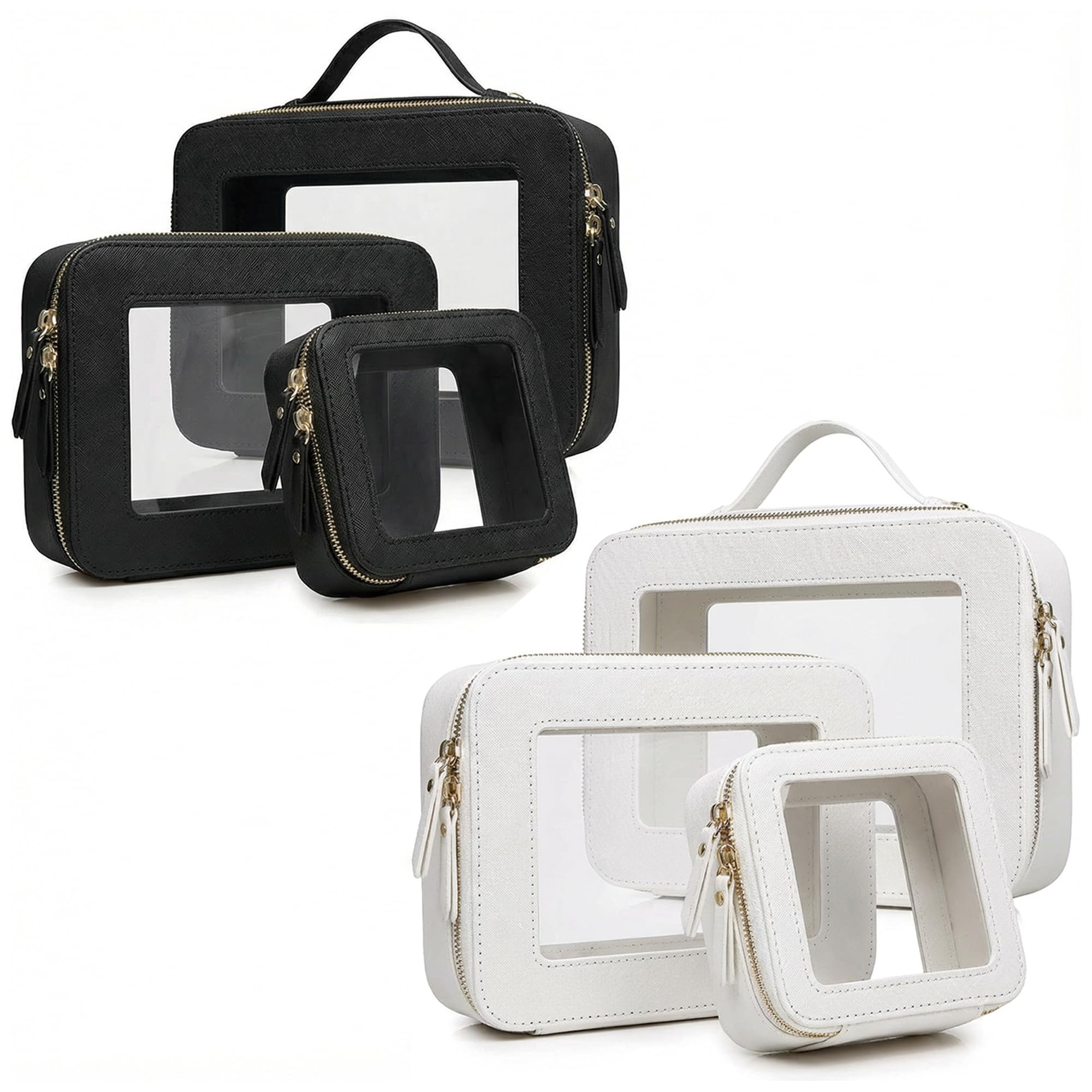 Make-up-Tasche, transparent, tragbar, wasserdicht, Make-up-Aufbewahrungstasche, Reise-spezifische Hautpflege-Aufbewahrungstasche, 2 Sets (Schwarz, L + M + Mini), Weiß + Schwarz, L+M+MINI