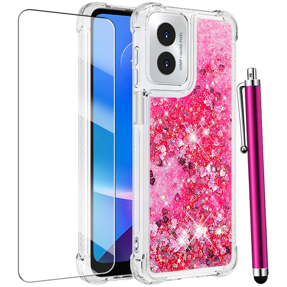 for Motorola Moto G Play 2024 Case with Screen Protector Cute Glitter Bling Liquid Floating Women Girls Phone