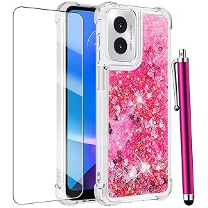 for Motorola Moto G Play 2024 Case with Screen Protector Cute Glitter Bling Liquid Floating Women Girls Phone