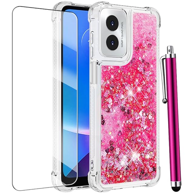 for Motorola Moto G Play 2024 Case with Screen Protector Cute Glitter Bling Liquid Floating Women Girls Phone