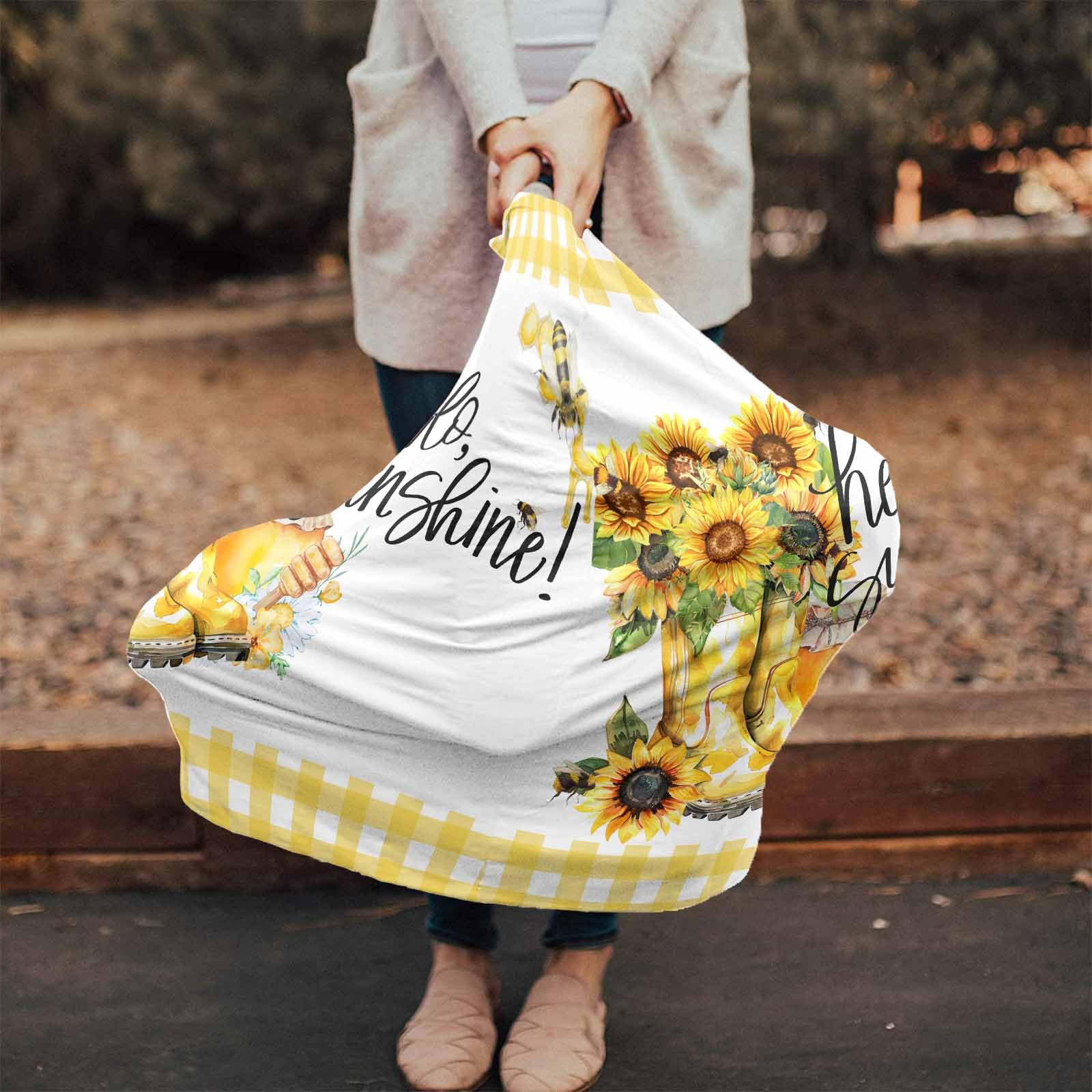Nursing Cover for Breastfeeding Scarf, Yellow Sunflower Buffalo Plaid Bee Summer Baby Car Covers Super Soft Multi Use for Canopy Shopping Cart Cover Blanket Stroller Cover