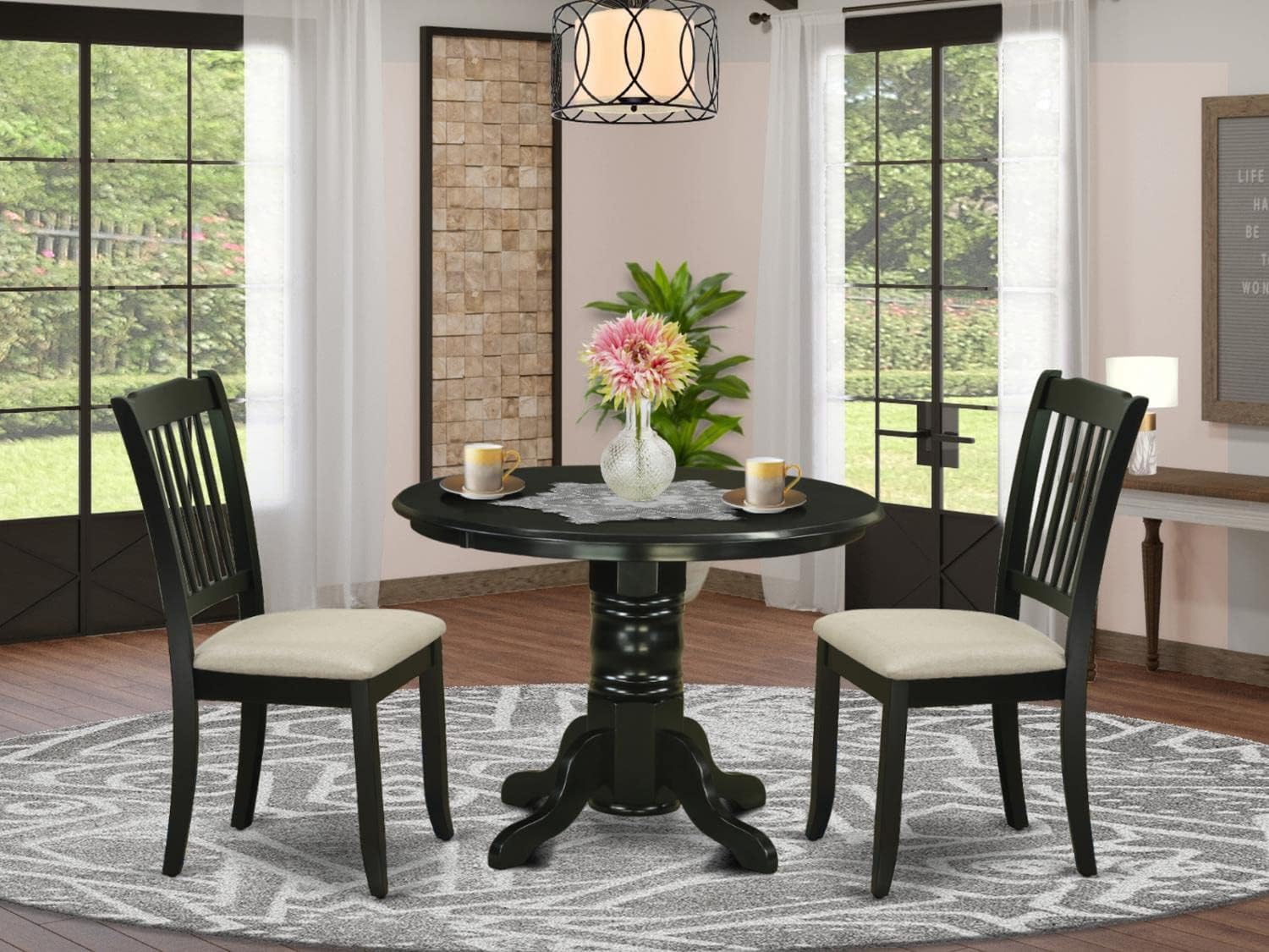 East West Furniture SHDA3-BLK-C 3 Piece Dining Table Set for Small Spaces Contains a Round Kitchen Table with Pedestal and 2 Linen Fabric Kitchen Dining Chairs, 42x42 Inch, Black image 7 of 7 B07YT6QG47