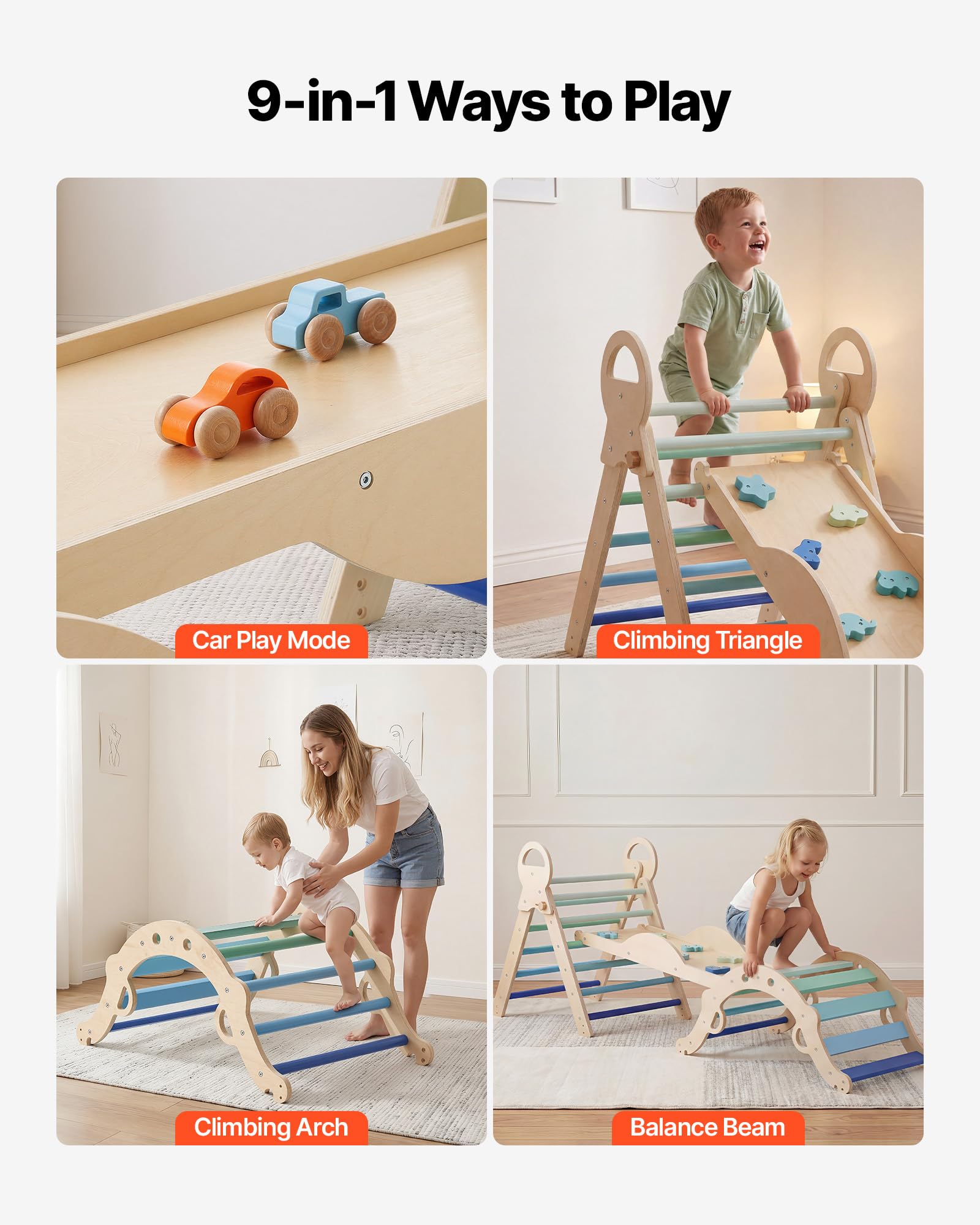 VEVOR Kletterdreieck 9-in-1 Kletterspielzeug mit Holzautos, Kissen, Rutsche & Kletterbogen, bis 68 kg, Montessori Indoor Spielset für Kinder 1-3 Jahre, Blau