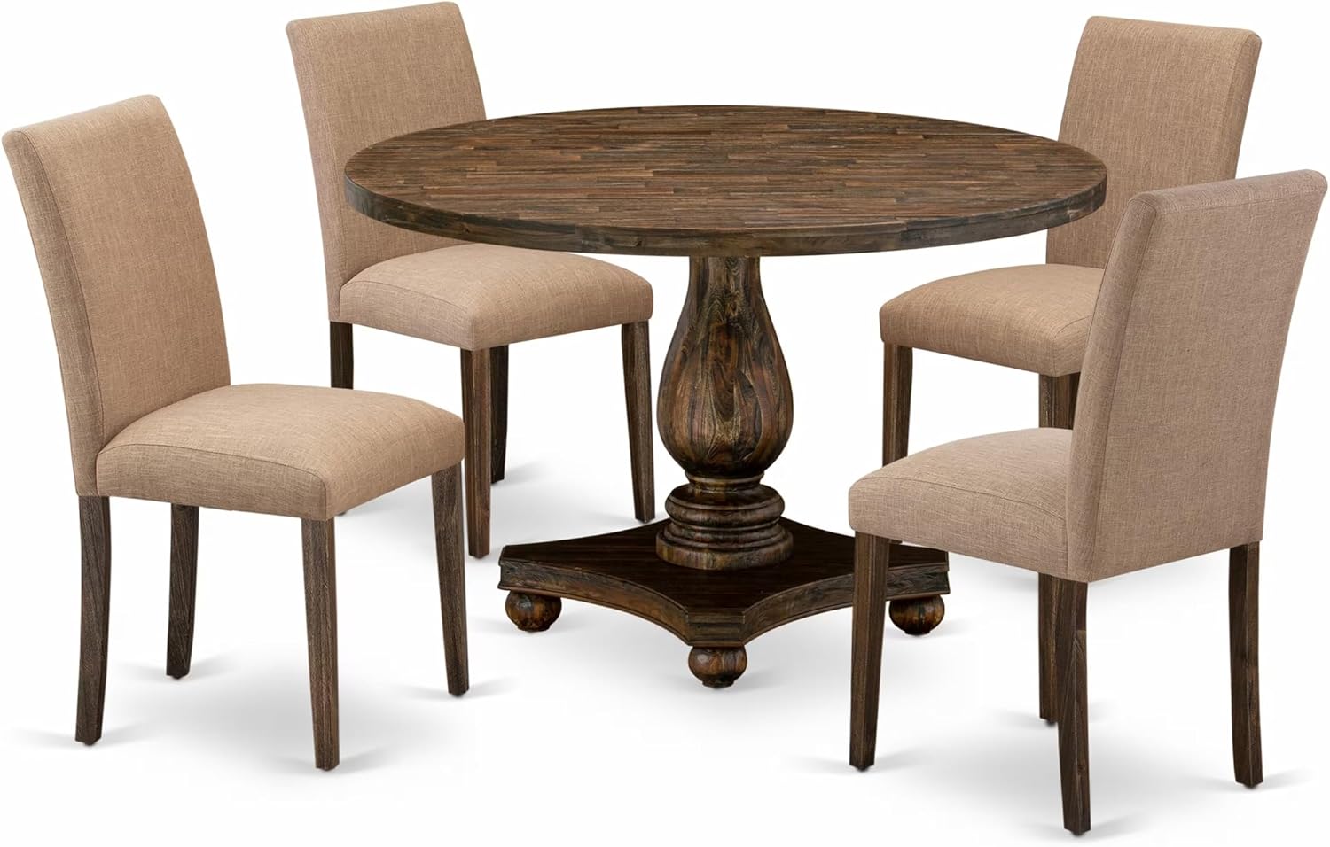 East West Furniture I2AB5-747 5 Piece Dining Table Set for 4 Includes a Round Kitchen Table with Pedestal and 4 Light Sable Linen Fabric Upholstered Chairs, 48x48 Inch, Distressed Jacobean