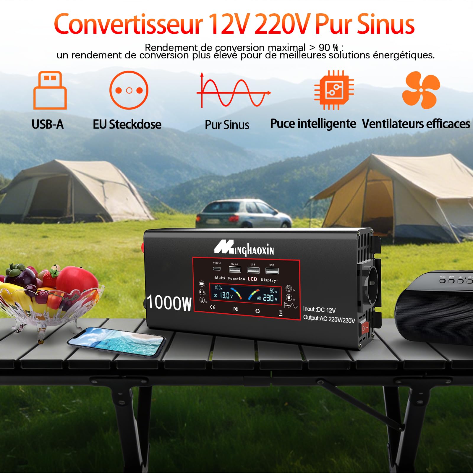 Convertisseur 12V 220V Pur Sinus 1000W/2000W Inverter Convertisseur De Tension avec EU De Courant Alternatif Et 3 Port USB-A Et USB-C De Voiture De Tension Onduleurr pour RV Voiture De Camion