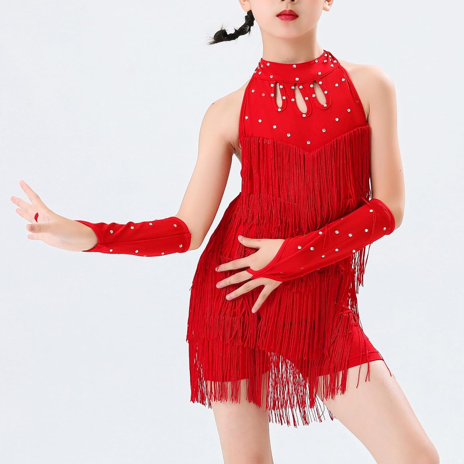 Kids Girls Tassel Latin Dance Dress Halter Backless Flapper Fringe Ballroom Chacha Rumba Tap Salsa Dance Costume