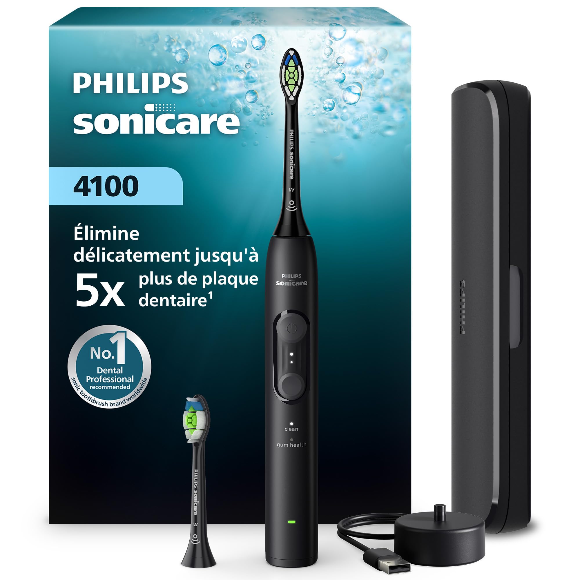 Philips Sonicare série 4100 – Brosse à dents électrique sonique, capteur de pression, 4 réglages, EasyStart, SmarTimer, 21 jours d’autonomie, étui de voyage, coloris noir, modèle HX4044/52, [Nouveau]