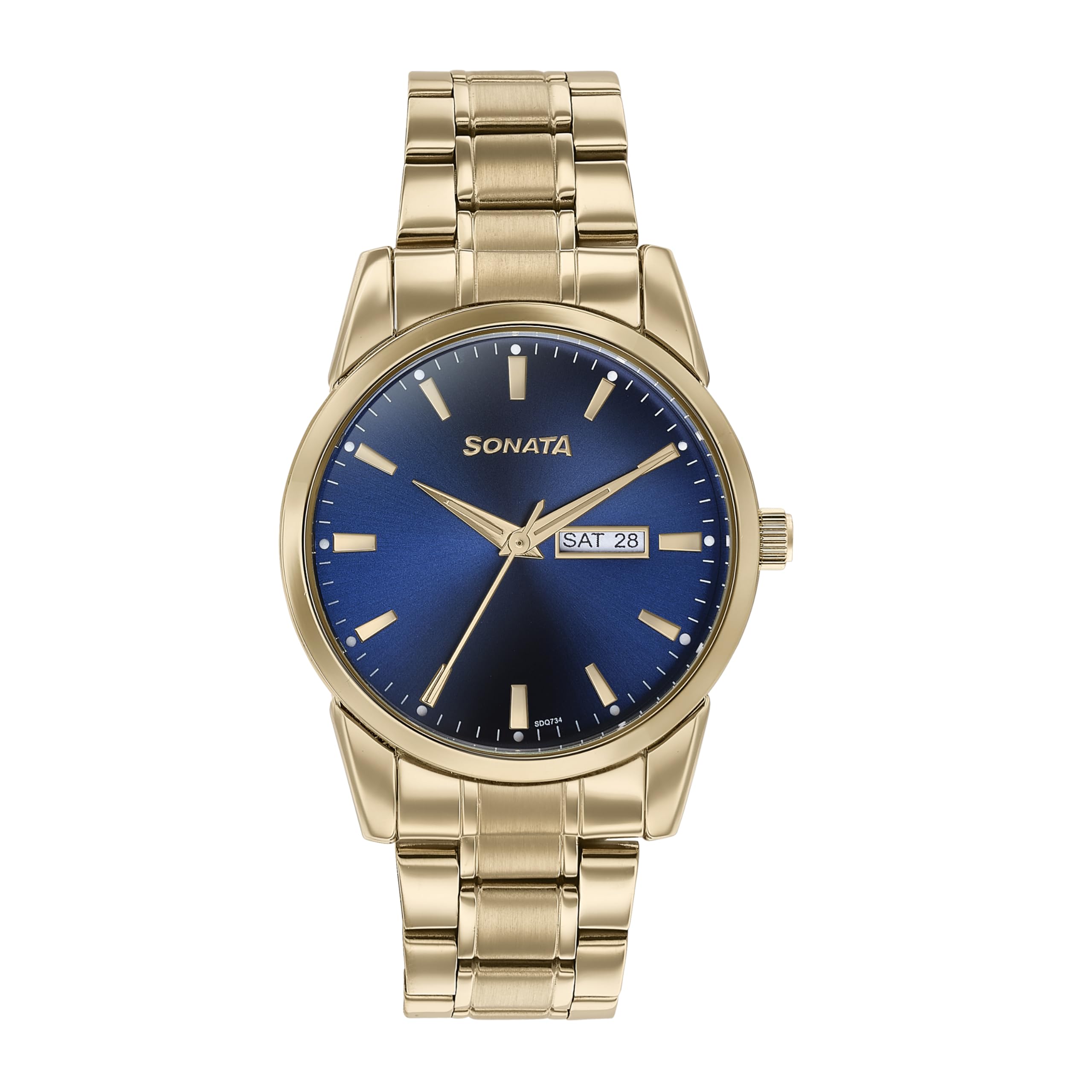 sonata Quartz Analog with Day and Date Blue Dial Golden Stainless Steel Strap Watch for Men-picture-47