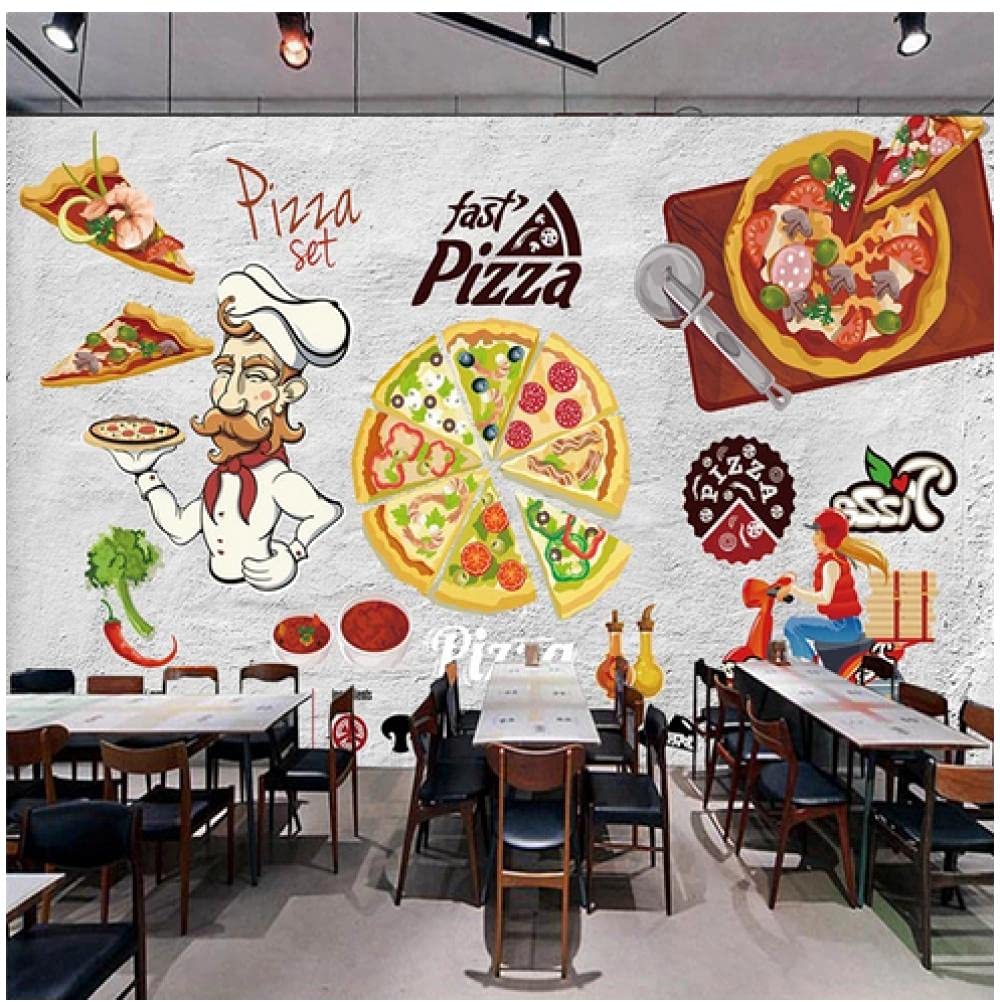 Cartoon Pizza Takeaway Gray Cement Background Wall Paper 3D Fast Food Restaurant Snack Bar Industrial Decor Mural Wallpaper 3D-250Cmx175Cm