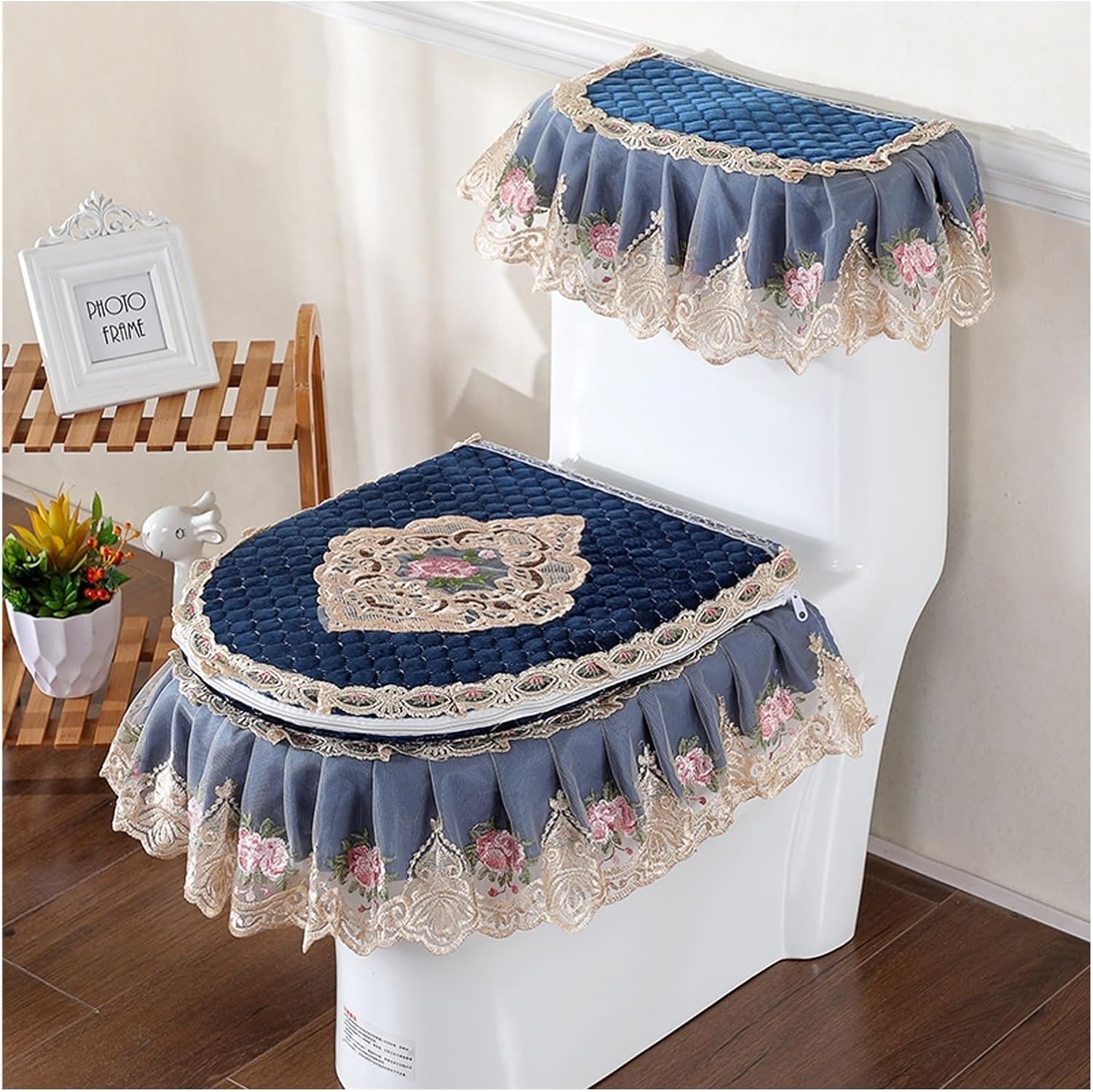Lace Toilet Seat Cover Pads Set - Soft Fleece Cushion with Zipper, Double-Sided Cotton Bathroom Accessories, Washable, 3 Pieces