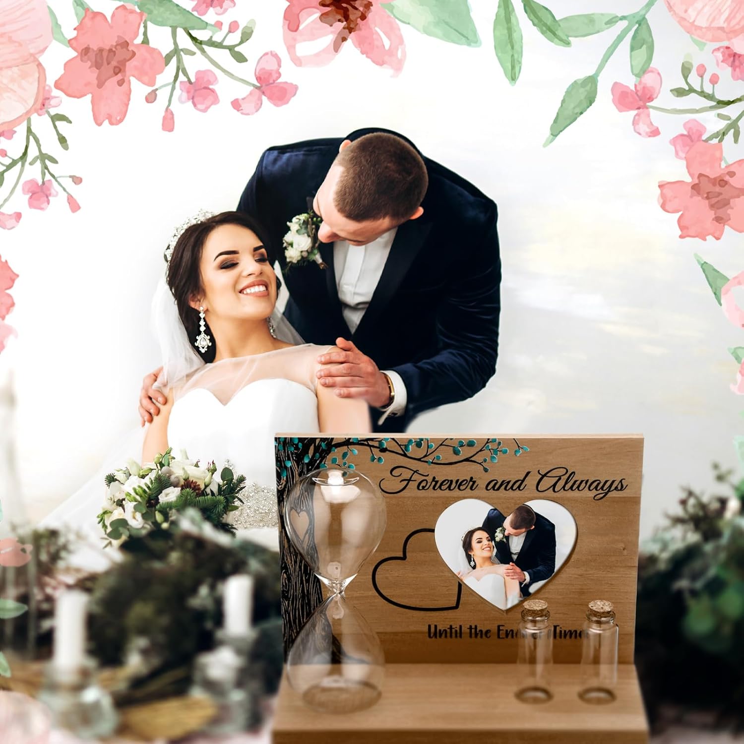 Sliner Unity Sand Ceremony Kit Unity Hour Glass for Wedding Sand Set Wedding with Magnetic Wood Base Hourglass Mini Bottle for Bridal Party(5 Pcs,Classic)