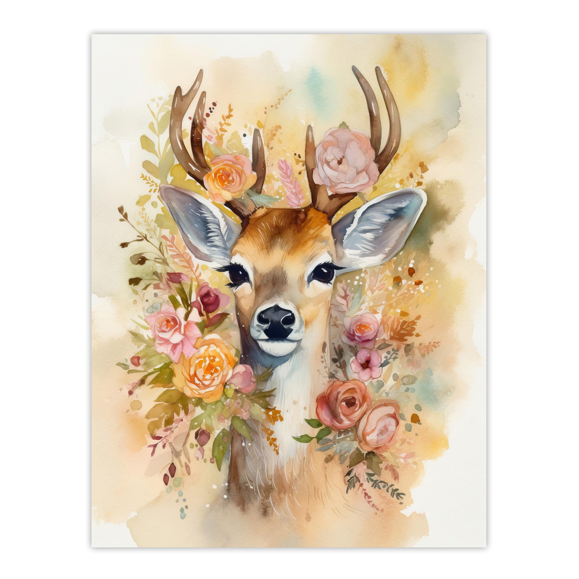 Artery8 The Deer In My Roses Watercolour Stag Buck Soft Serene Calm Large Wall Art Poster Print Thick Paper 18X24 Inch
