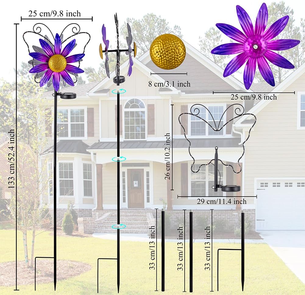 Solar Wind Spinners Outdoor,Butterfly Garden Windmill Metal Flower Wind Sculptures for Yard Art Lawn Decor(Purple)
