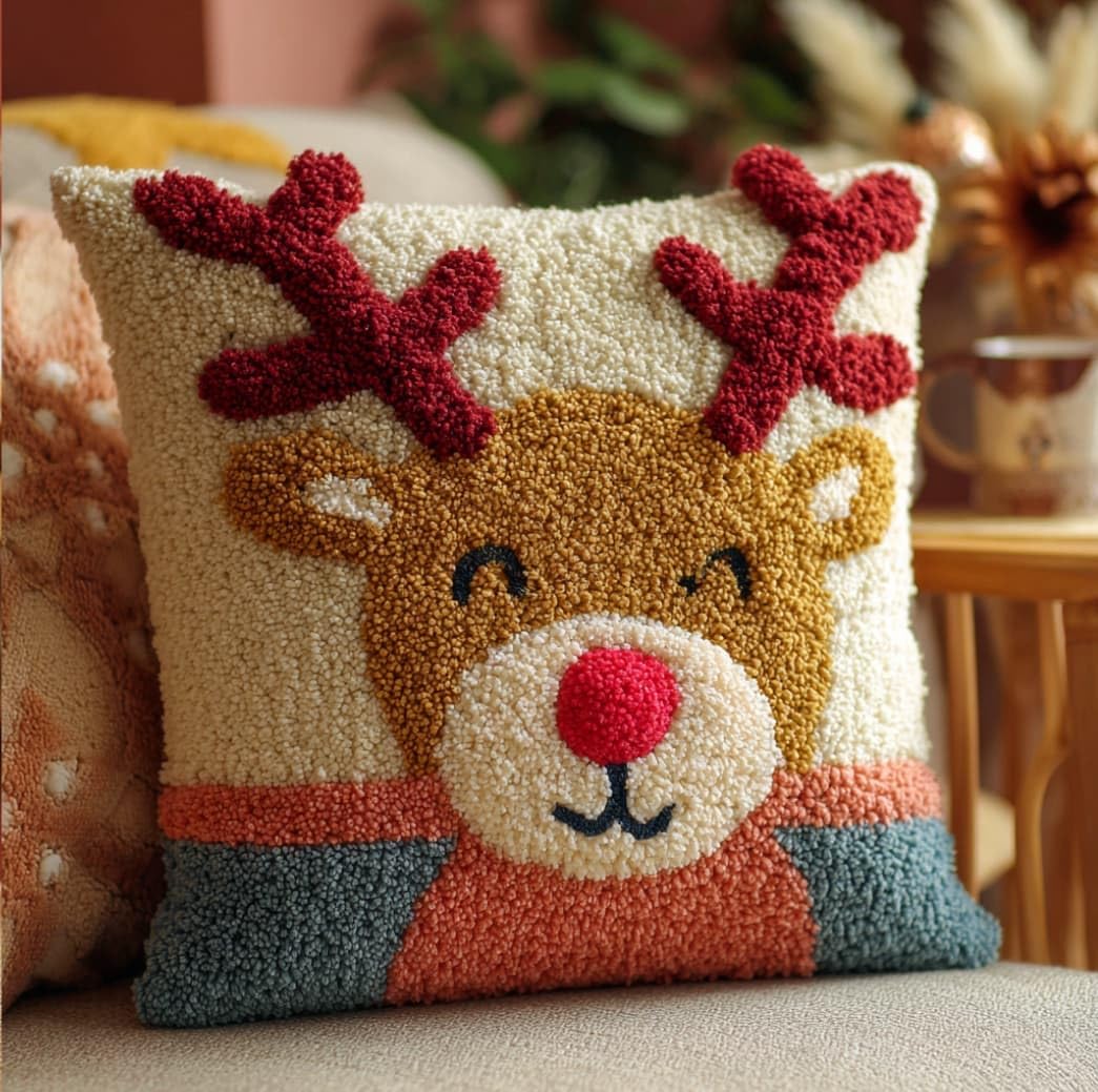 WallustrioaW Latch Hook Pillow Case Kits,Deer 17X17 Inch Latch Hook Cushion Cover Kit,Knitting Kits Cushion for Adults Rug Making Kit for Starters