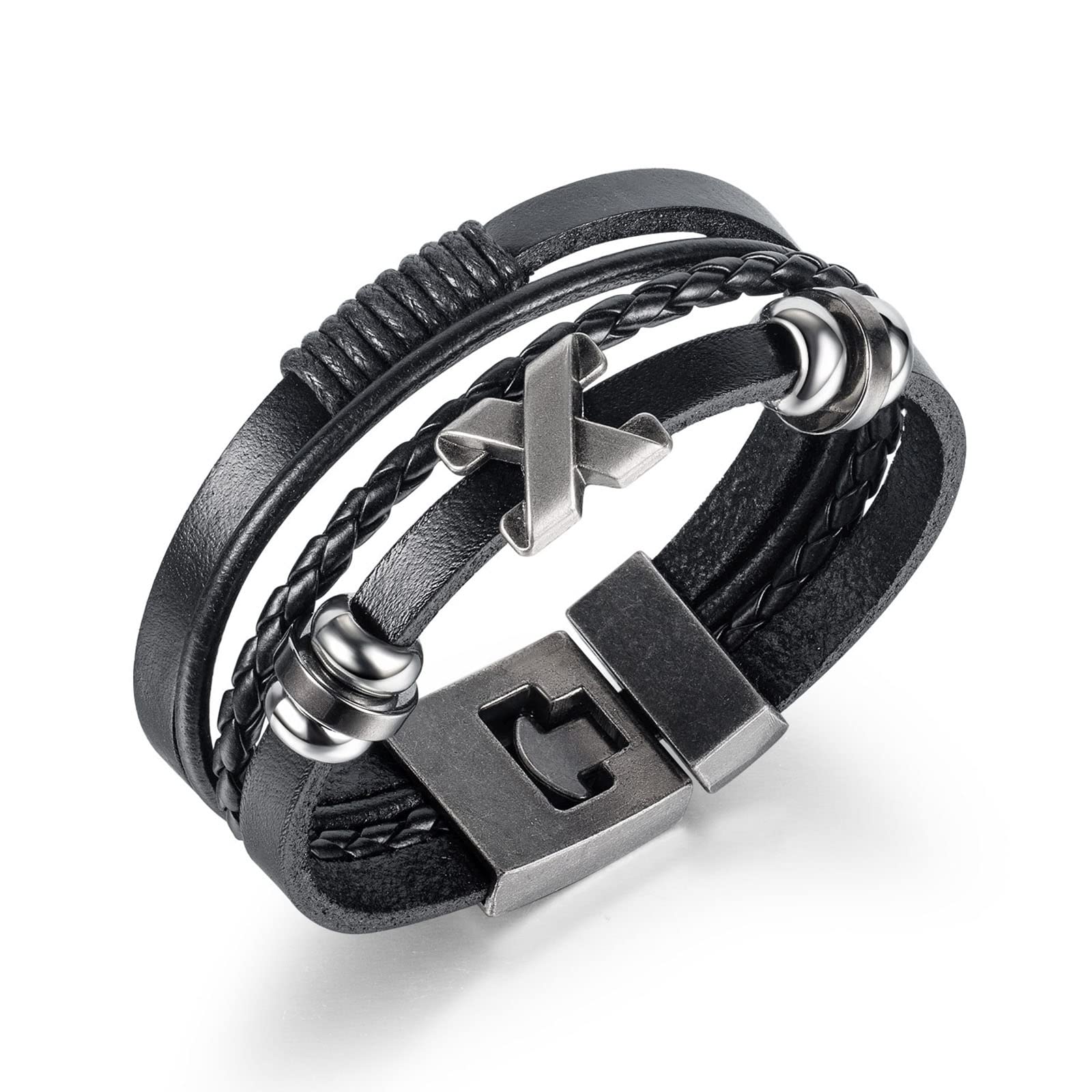 Pulsera de Hombre Pulsera de Cuero Pulsera de Acero Inoxidable Pulsera Trenzada Pulsera de Cuero Trenzada Multicapa Vintage en Forma de X