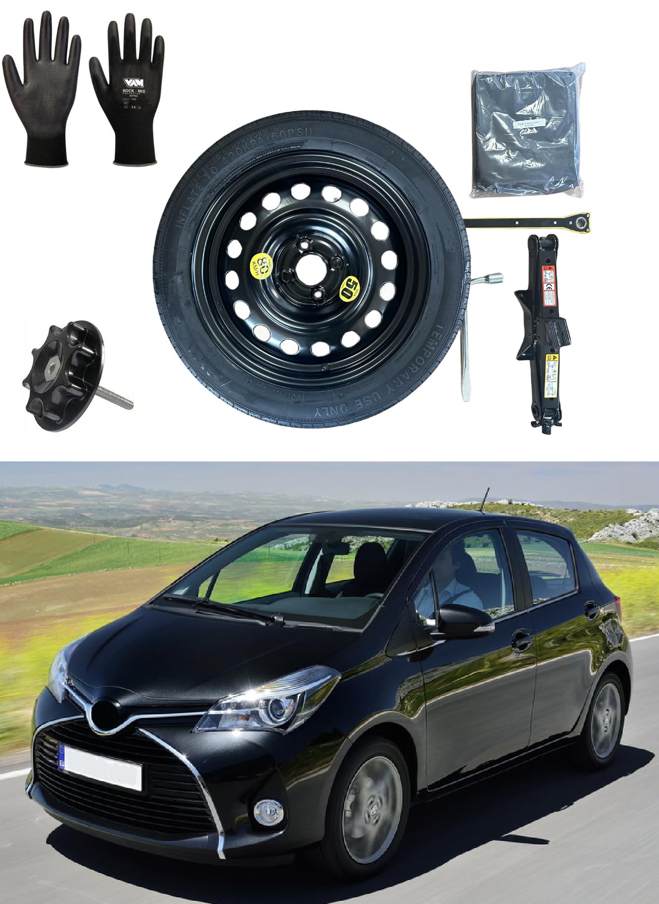Kit de Rueda de Repuesto 16" compatible con Toyota Yaris 1999>2019 con Gata, Llave, Guantes, Tornillo y Funda125/80R16