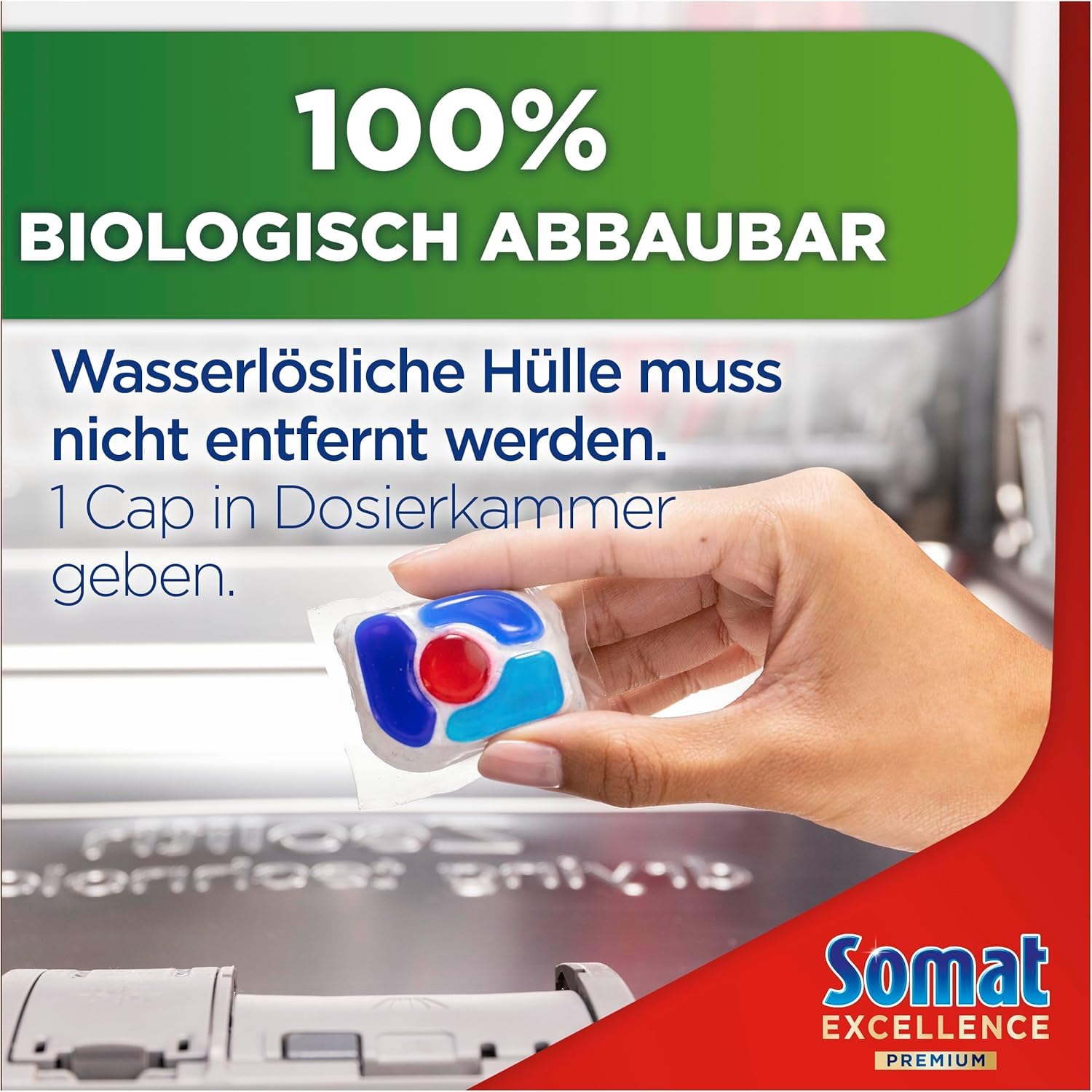SOMAT Excellence Premium 5in1 Caps 128 Stück (8 x 16 Caps), schnellauflösende Tabs mit Extra-Boost, entfernen eingetrocknete Reste und wirken in Kurz-, Eco- und Niedrigtemperaturprogrammen.