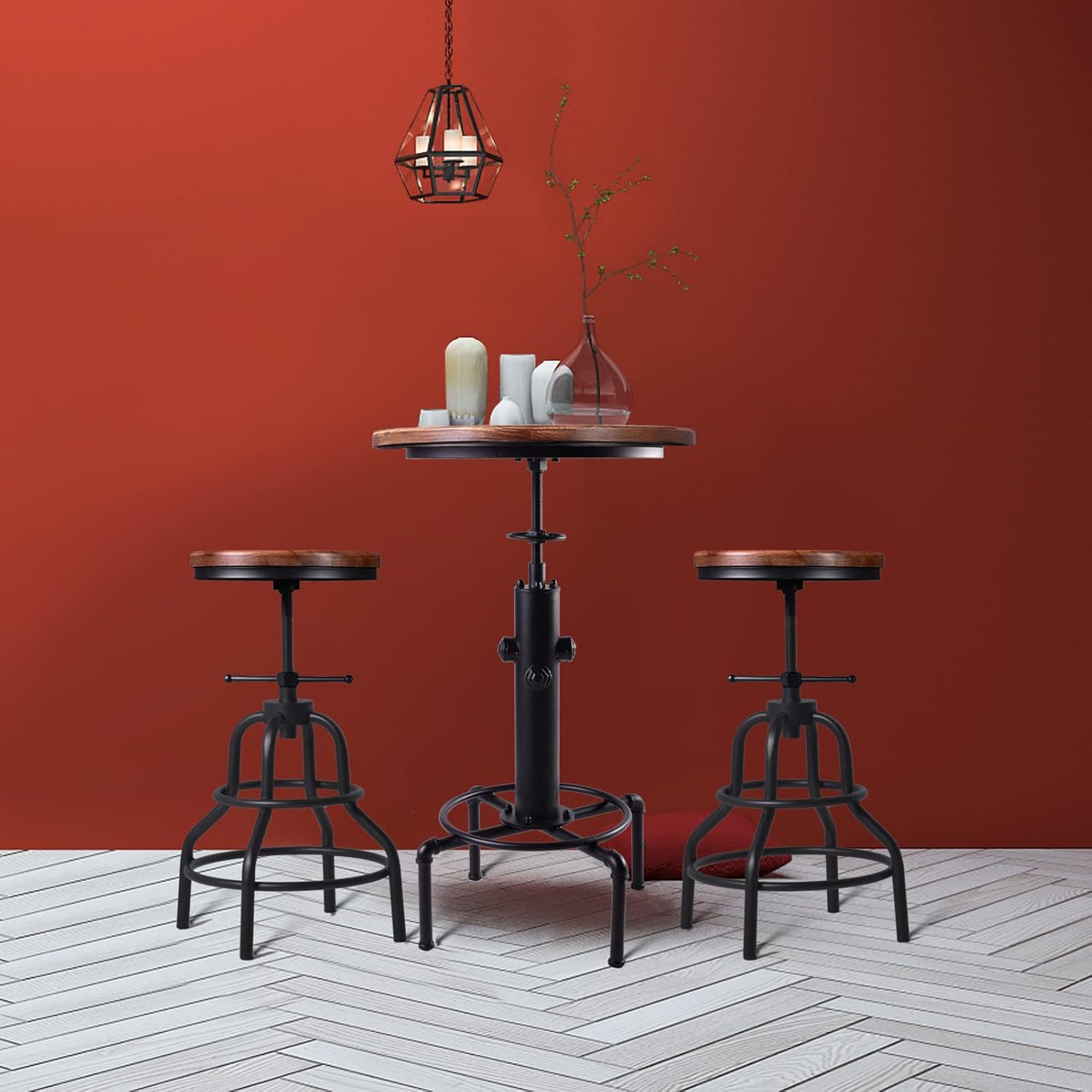 3-Piece Fire Hydrant Table & Chair Sets for Pub Bar Bistro Cocktail, Weld Metal Legs Round Wood Top, Rustic Brown Industrial Black Adjustable Swivel (1×32.3"-36.2" Table, 2×20"-27" Backless Stool)