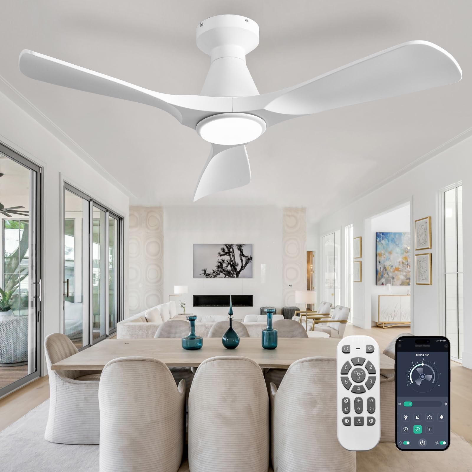 Depuley Ceiling Fans with Lights and APP: Flush Mount Low Profile Ceiling Fan for Bedroom - Dimmable Indoor Outdoor Fan with Remote Control White Timer