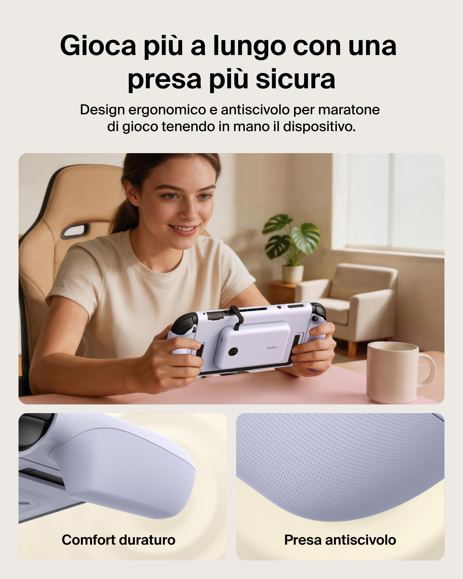 Belkin Gaming Impugnatura Ricarica Nintendo Switch 2, Power bank 10K, Viola | Caricatore Portatile 10000mAh, 30W, Caricatore Magnetico, Compatibilità Supporto, Maniglia Antiscivolo Ergonomica, Display