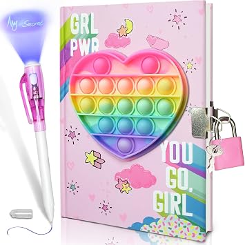 Pop Girls Diary with Lock and Invisible Ink Double-end Pen, 7.5x5.4 160 Lined Page Fidget Colorful Heart Girls Journal for Kids Secret Notebook Pen Set Birthday Gifts for Girls 5 6 7 8 9 10 Years Old