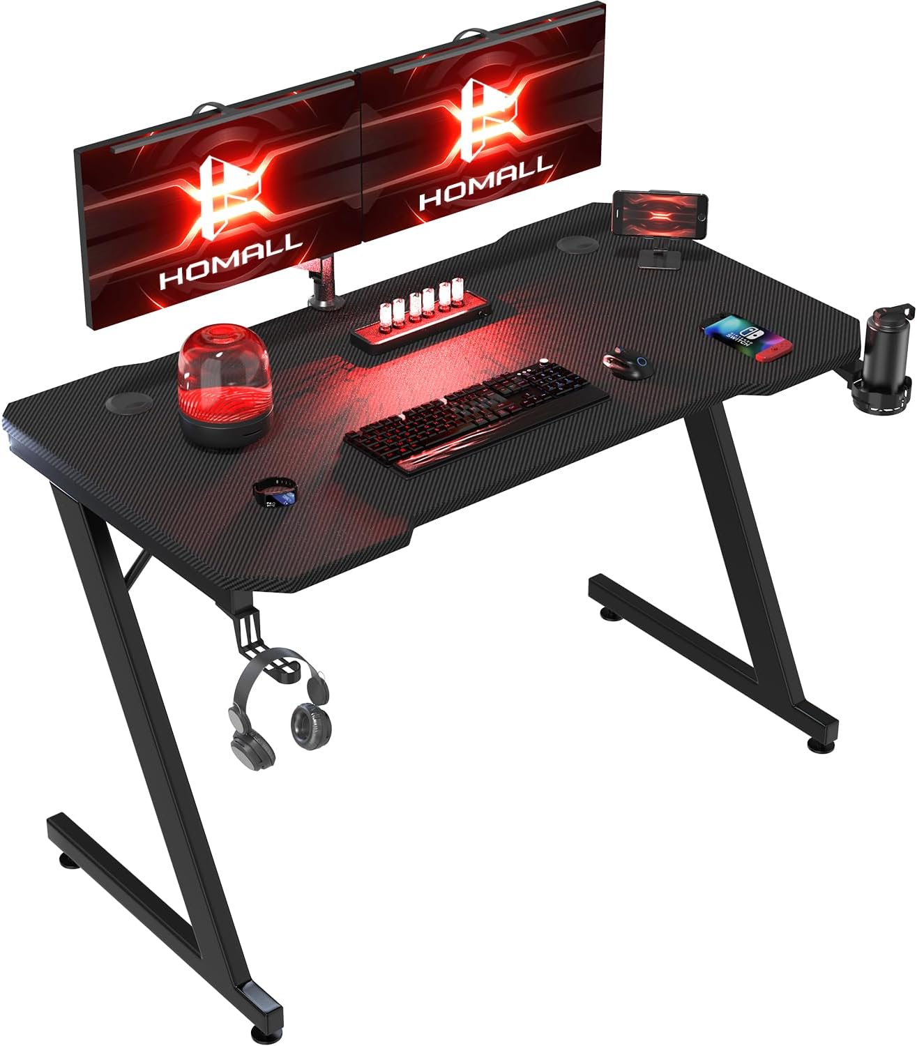 Gaming Desk 80 x 60 cm PC Computer Desk Z Shaped Computer Table PC Gaming Table Gamer Desk for Home Office with Cup Holder and Headphone Hook, Black, ZOBK80