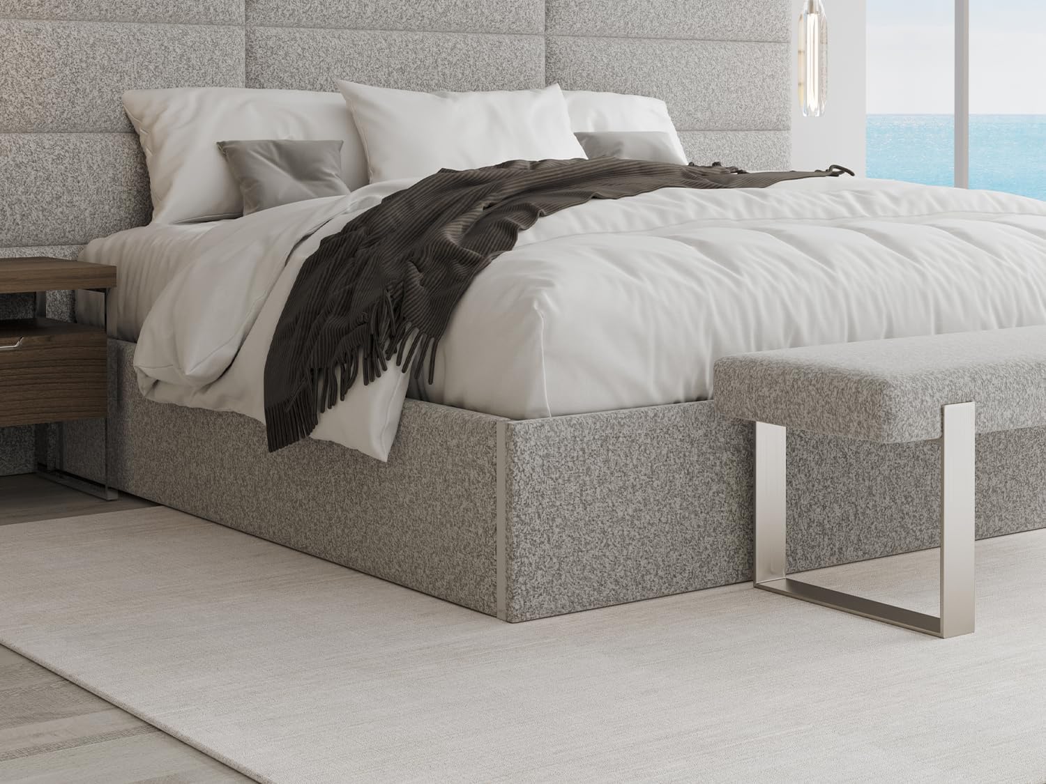 VANT Upholstered Platform Bed -Queen Size- Boucle Ivory - Easy Assembly Bed Frame No Box Spring Needed Foundation for Optimal Support - Sleek Modern Design for Any Bedroom
