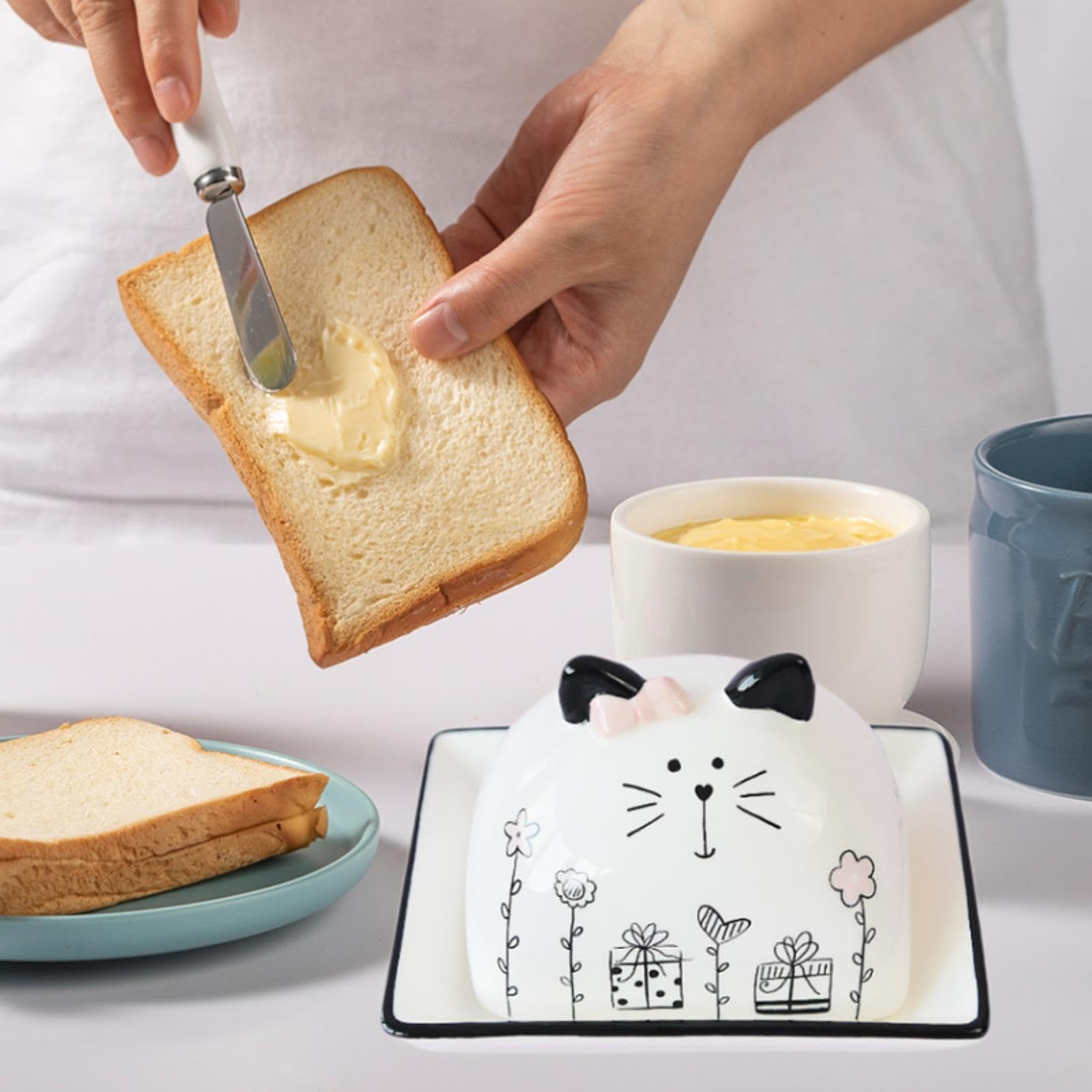 en Céramique avec Couvercle Illustré Chat Boîte à Beurre Classique Récipient pour Conserver Le Beurre Boîte de Rangement