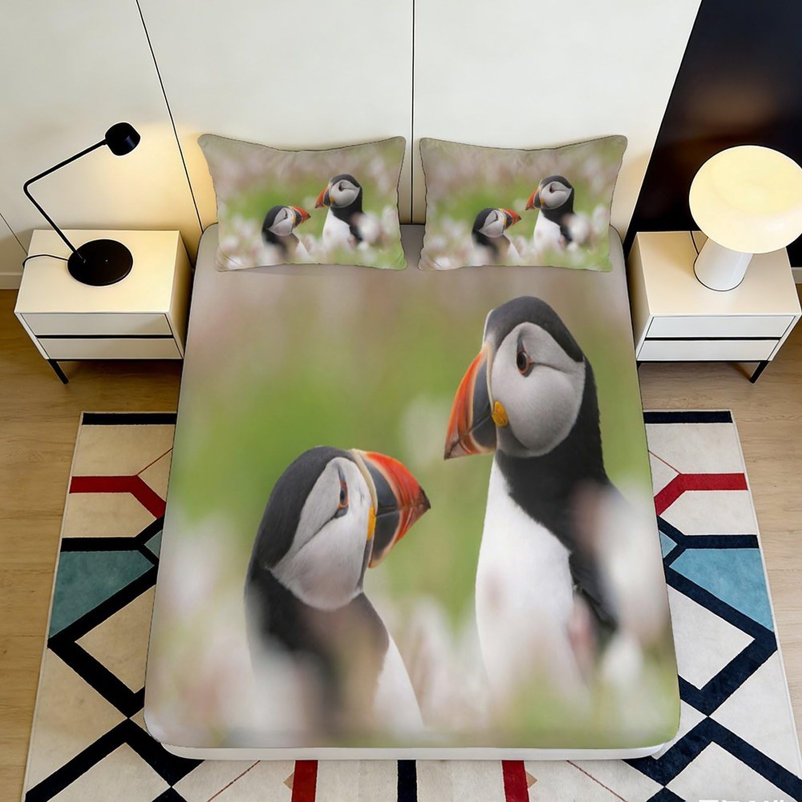 3D Printed Puffin Couple Fitted Sheet Microfiber Soft Non-slip Seabird Meadow Mattress Cover Bedroom Decor 140x200x25cm
