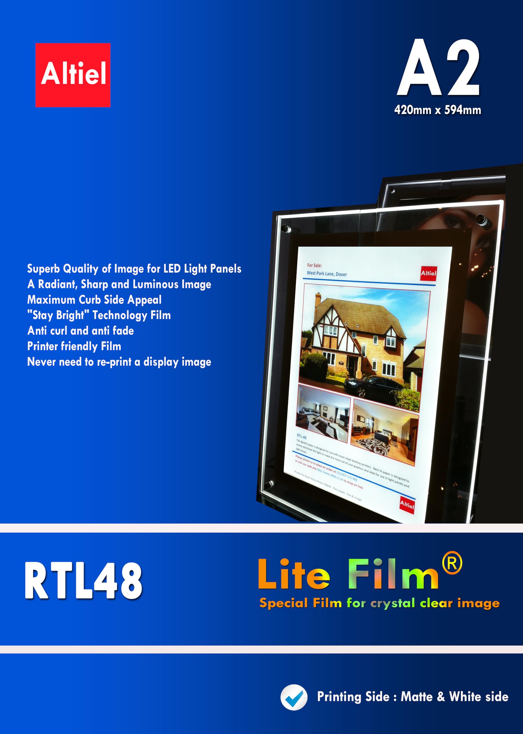 RTL48 - A4, A3 & A2 Sheets Lite Film® for Any Inkjet Printers - Back lit Paper | Back Lit Film | Backlit Film for LED Light Pocket | LED Light Panels (Packing: A2 x 10 Sheets)