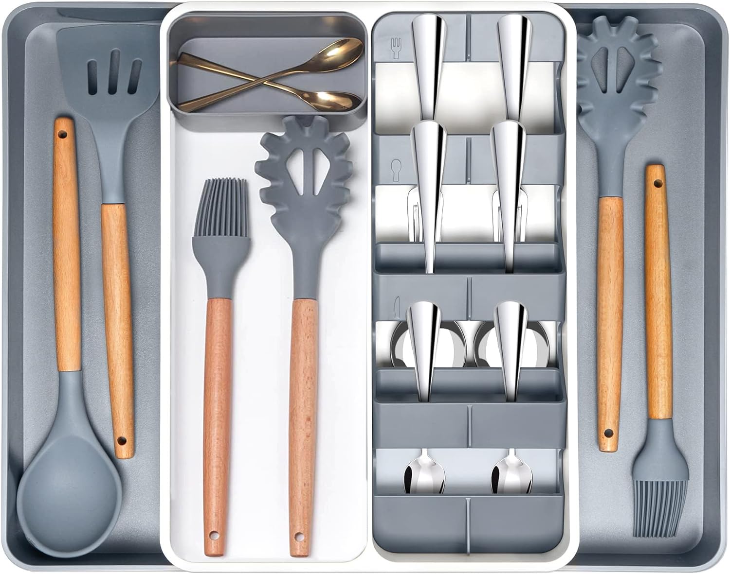 U-HOOME Expandable Kitchen Silverware Organizer,Adjustable Kitchen Drawer Organizer with 8 Compartments,Multi-Purpose Cutlery Utensil Organizer,Large Capacity Utensil Tray for Spoons,Knives