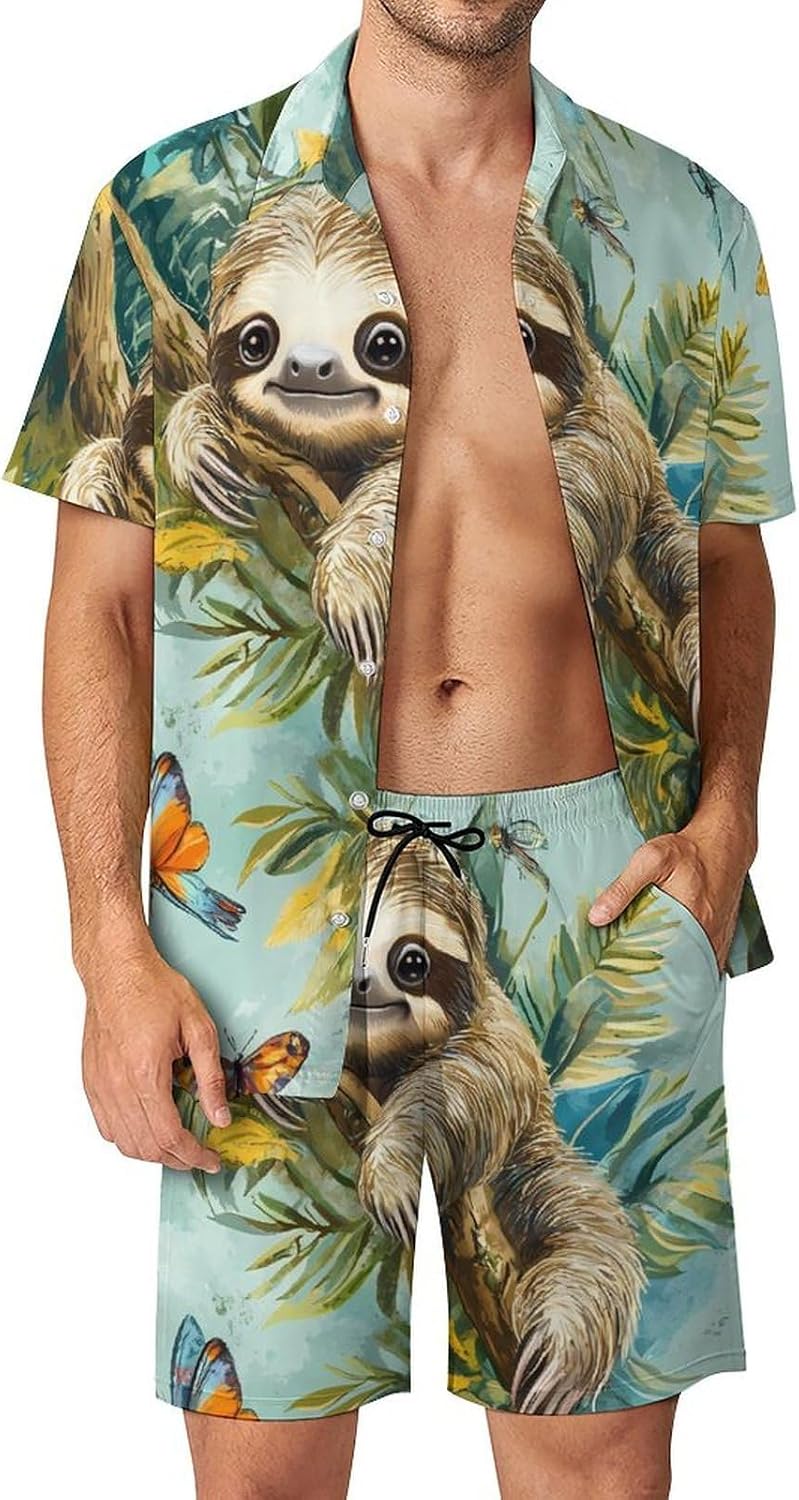 Sloth On A Tree Tropical Butterfly Men's Summer Beach 2 Piece Outfits | hawaiian button down shirt and shorts,vacation cruise,mens bathing suit