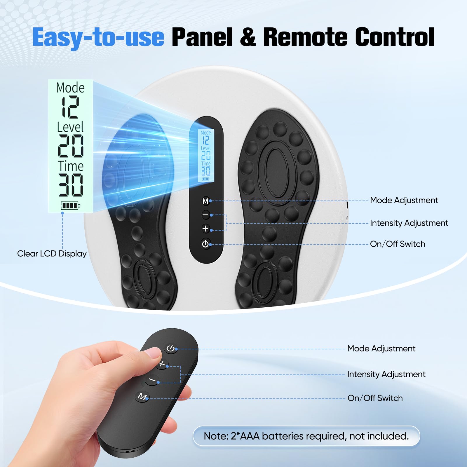 Estimulador de circulación para pies y piernas, masajeador de pies EMS con 8 almohadillas TENS, 12 modos y 20 niveles de intensidad, masajeador de pies eléctrico alivia neuropatías y circulación