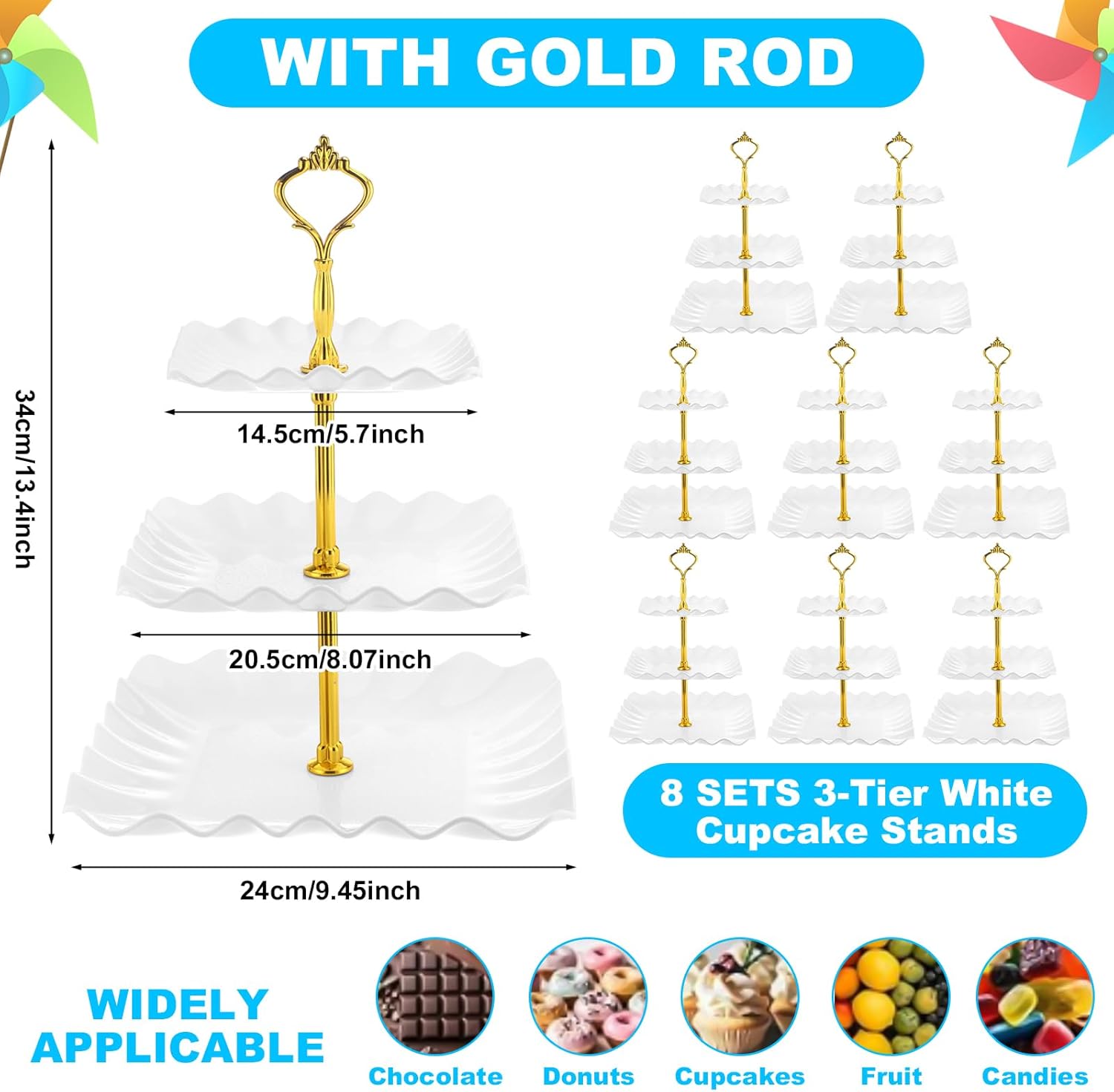 Chunful 8 Pack 3 Tier Cupcake Stand Bulk Square Tiered Dessert Stand Holder Wave Edge Thick Plastic Serving Tray Dessert Table Display Set Tea Cake Holder for Wedding Birthday Party(Gold)
